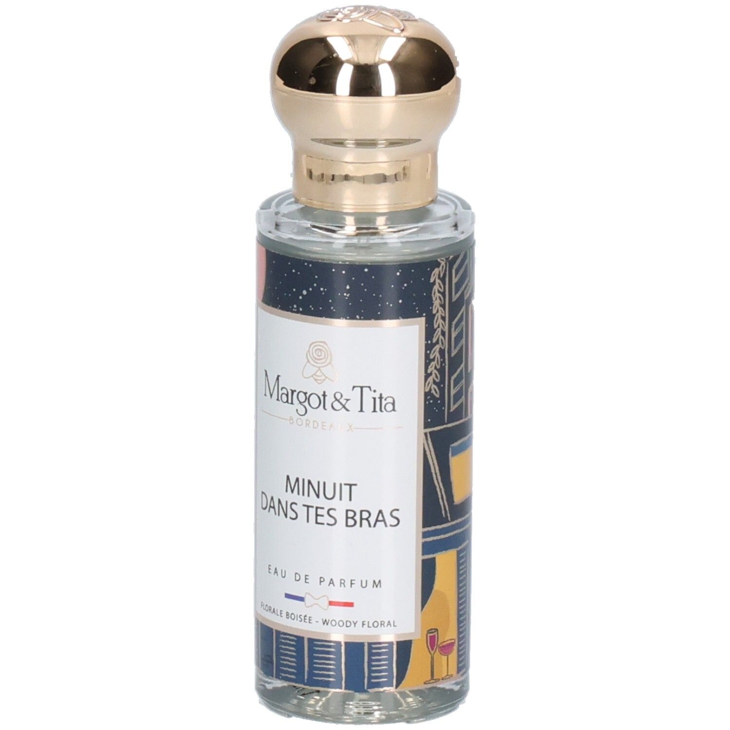 Margot & Tita Minuit Dans Tes Bras Eau de Parfum Flasche mit goldenem Verschluss.