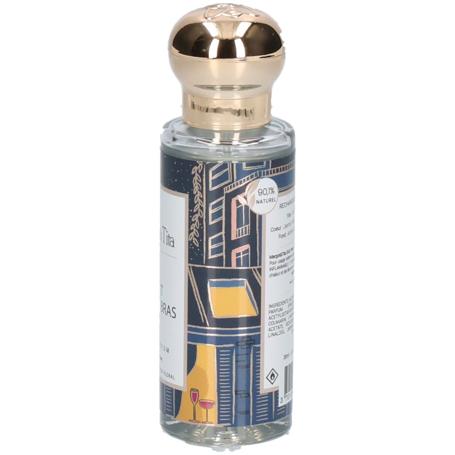 Margot & Tita Minuit Dans Tes Bras Eau de Parfum Flasche mit goldenem Verschluss und Etikett.