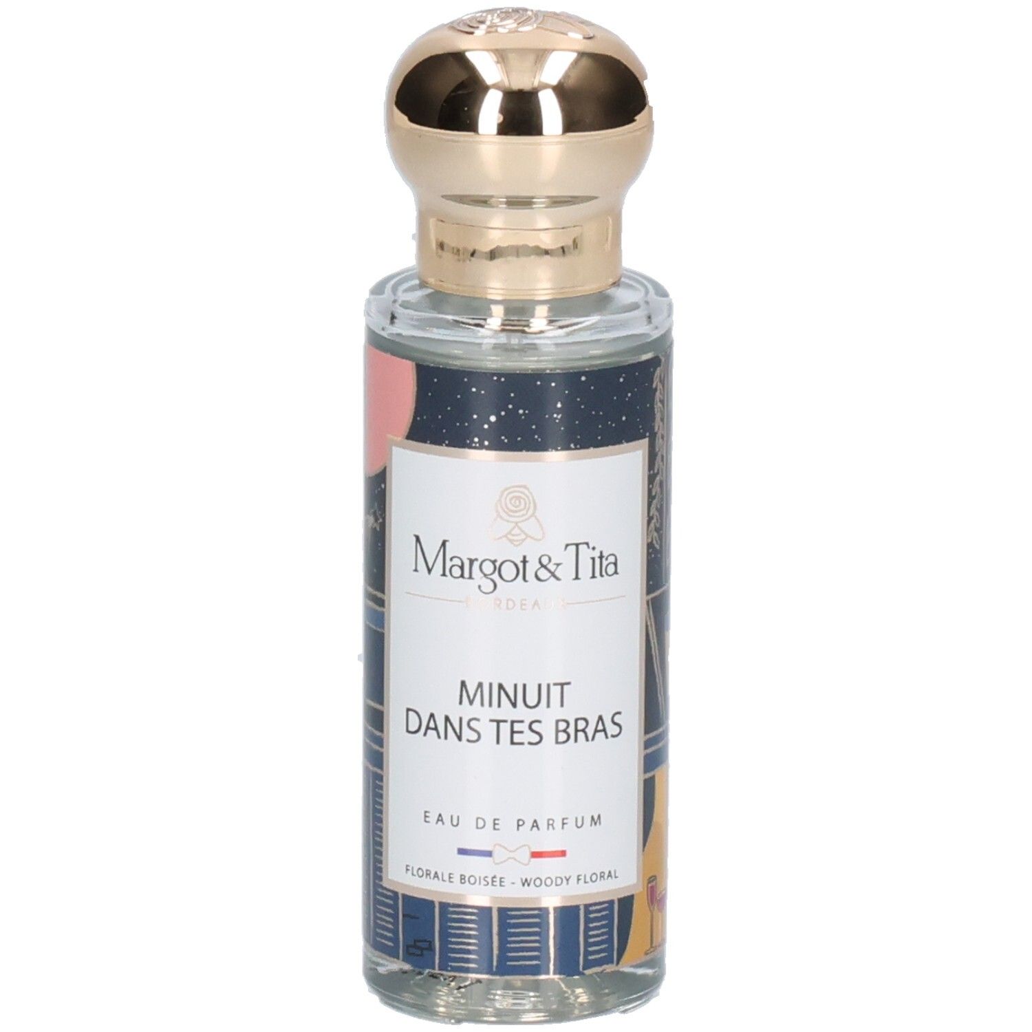 Margot & Tita Minuit Dans Tes Bras Eau de Parfum Flasche mit goldenem Verschluss.