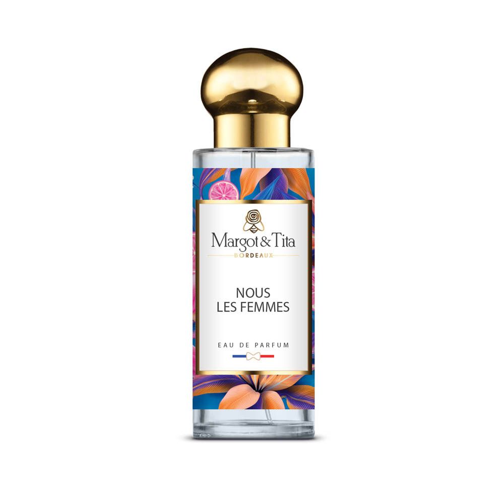 Bouteille de parfum Margot & Tita Nous Les Femmes avec bouchon doré et design floral.