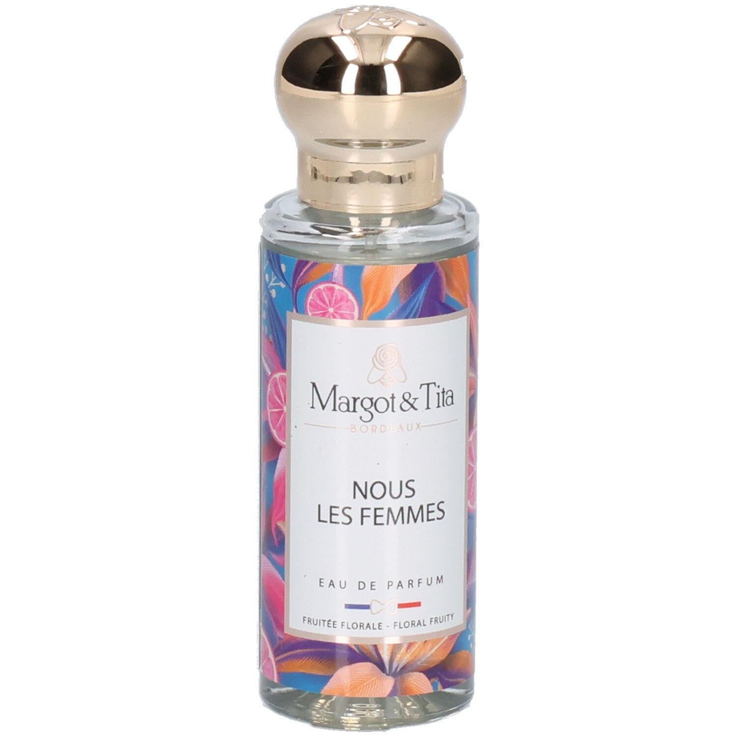 Bouteille de parfum Margot & Tita Nous Les Femmes avec bouchon doré et design floral.