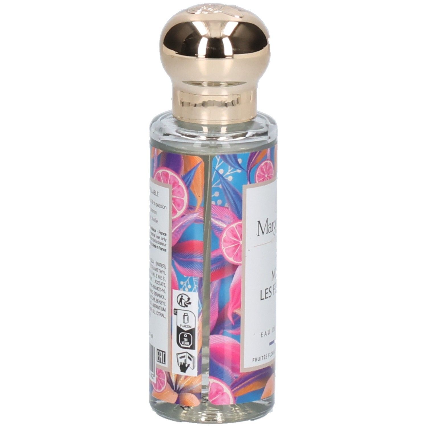 Arrière de la bouteille de parfum Margot & Tita Nous Les Femmes avec ingrédients et symboles.