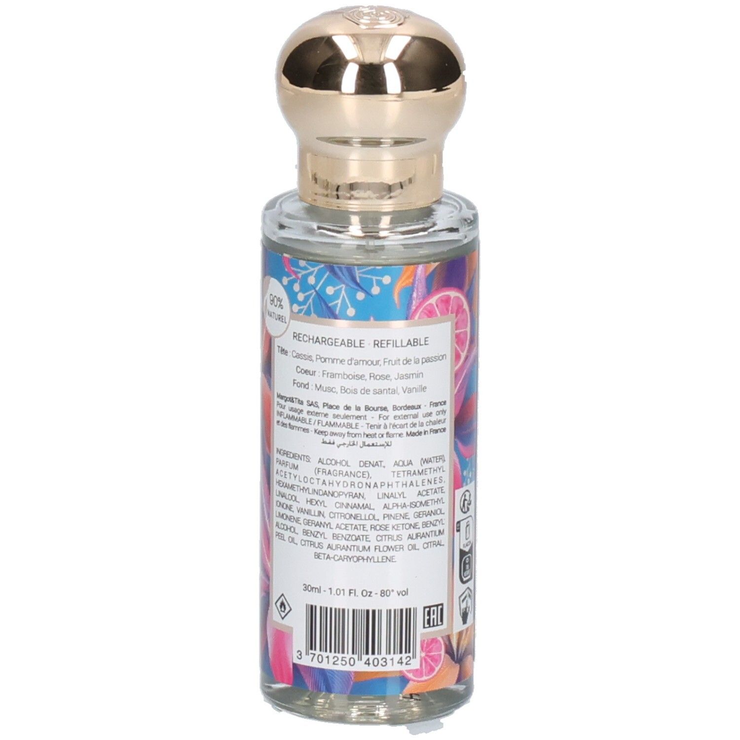 Bouteille de parfum Margot & Tita Nous Les Femmes rechargeable, avec ingrédients et code-barres.