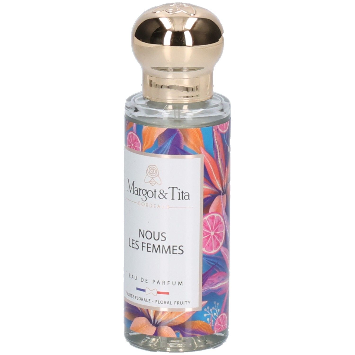 Bouteille de parfum Margot & Tita Nous Les Femmes avec bouchon doré et design floral.