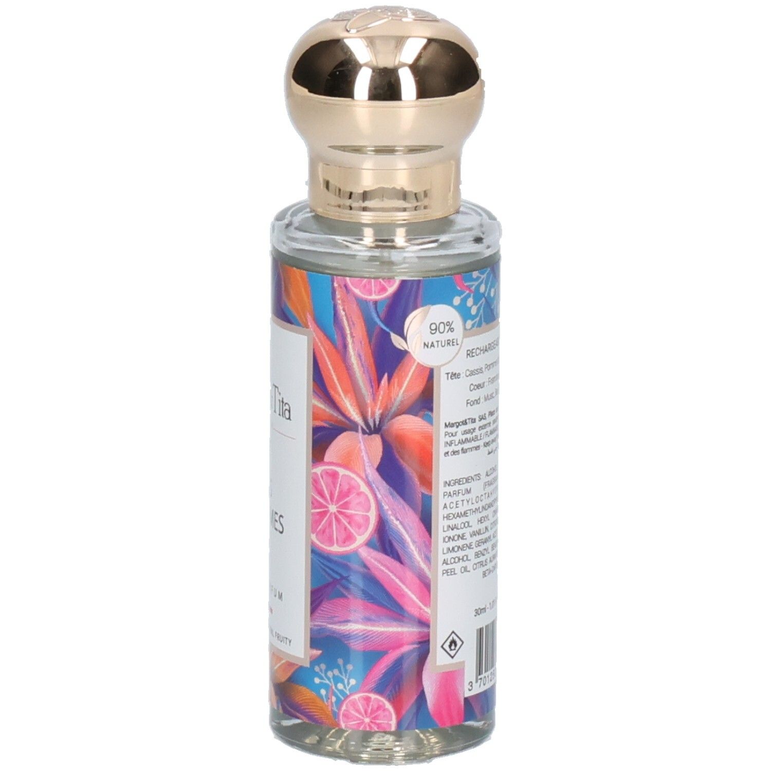 Bouteille de parfum Margot & Tita Nous Les Femmes rechargeable, avec indication 90% naturel.