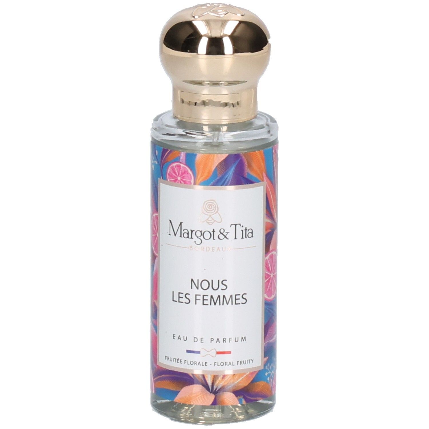 Bouteille de parfum Margot & Tita Nous Les Femmes avec bouchon doré et design floral.