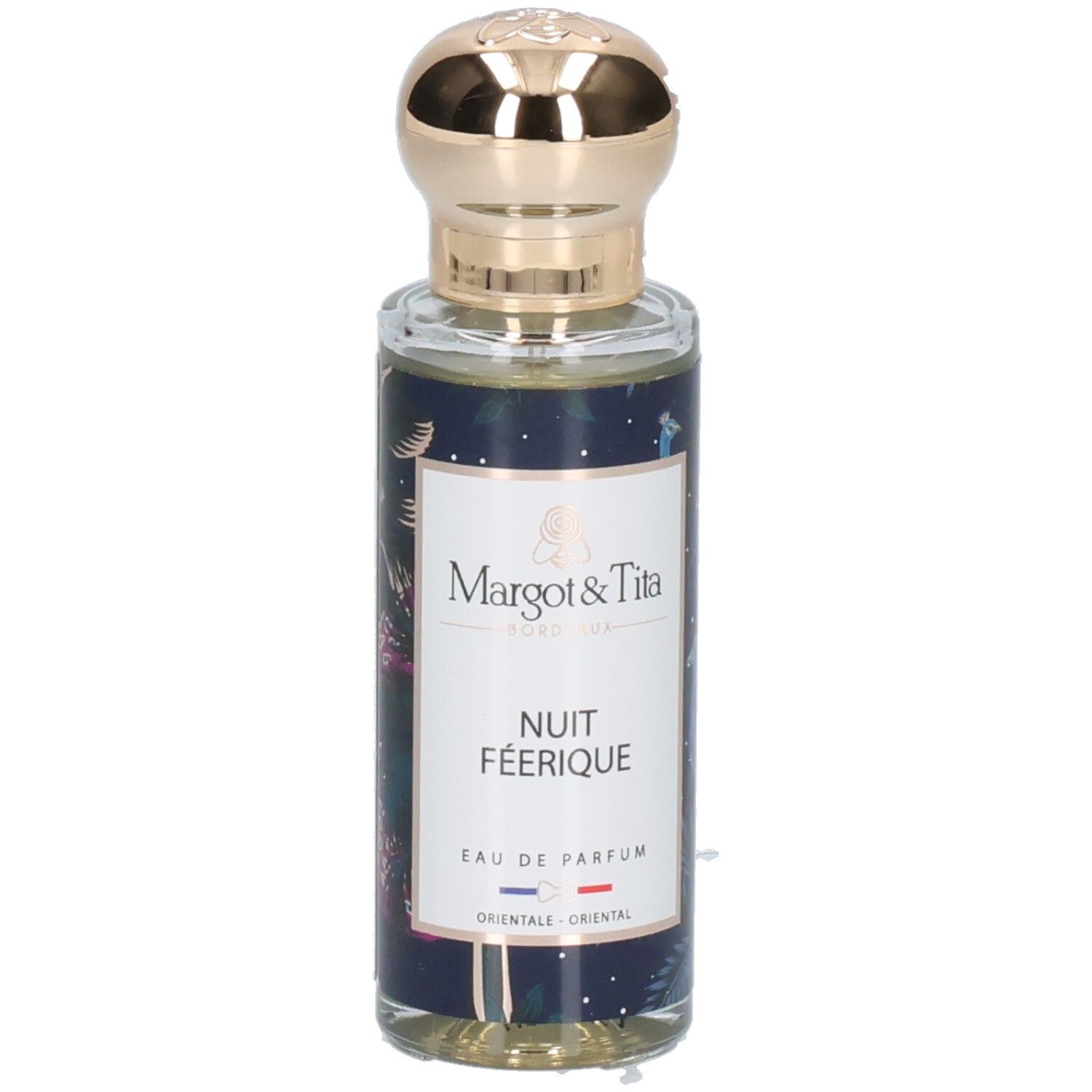 Margot & Tita Nuit Féérique Eau de Parfum Flakon mit goldenem Verschluss und dunkelblauem Etikett.