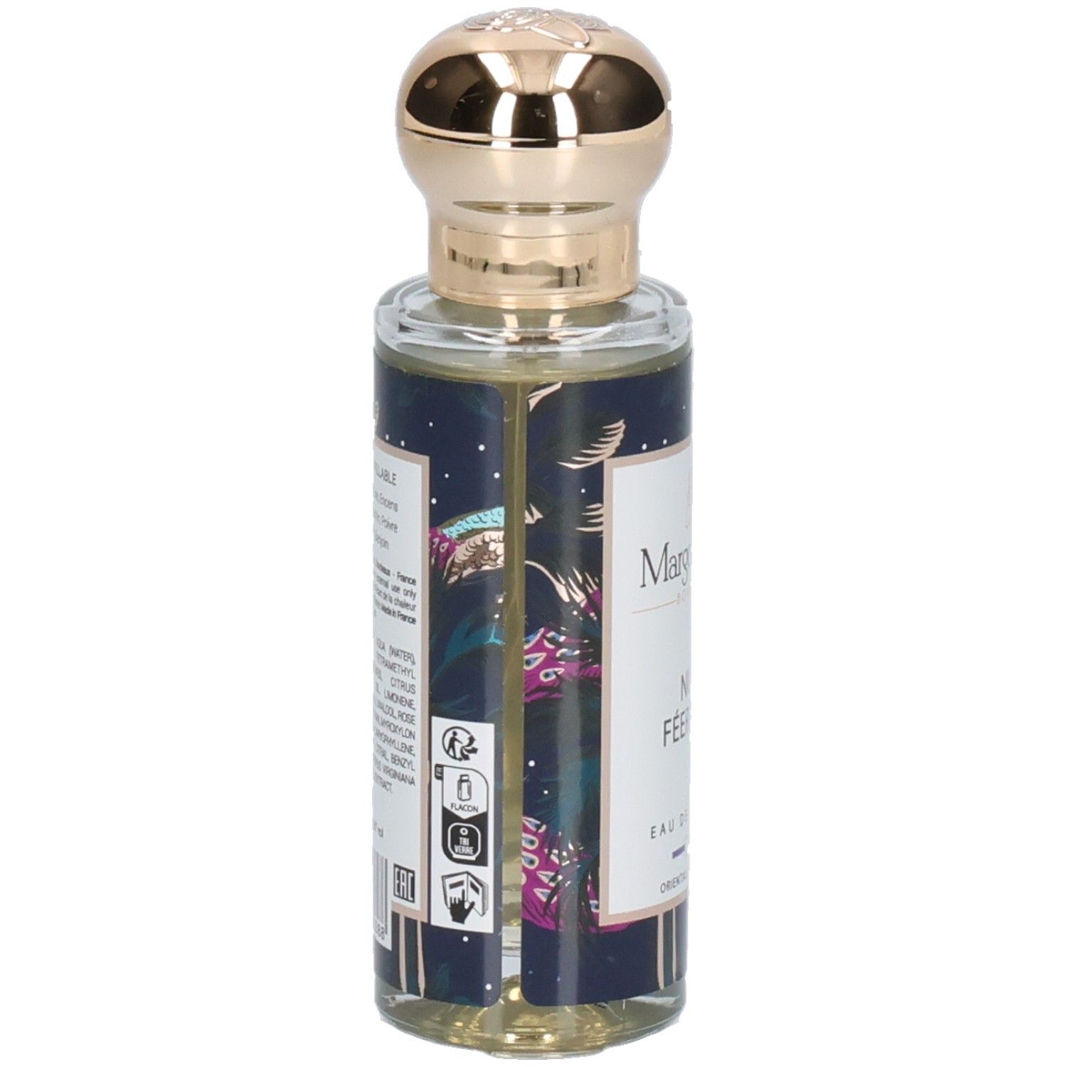 Rückseite des Margot & Tita Nuit Féérique Eau de Parfum Flakons mit Inhaltsstoffen und Symbolen.