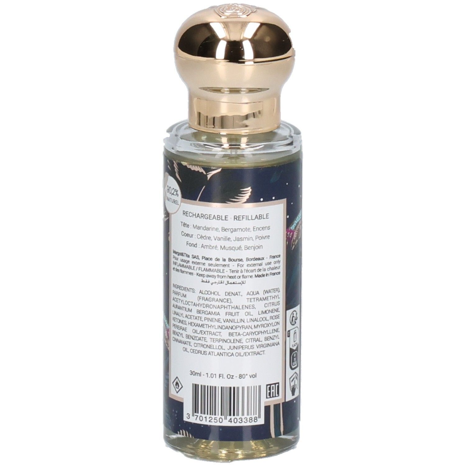 Rückseite des Margot & Tita Nuit Féérique Eau de Parfum Flakons, wiederbefüllbar, mit 30ml Angabe.
