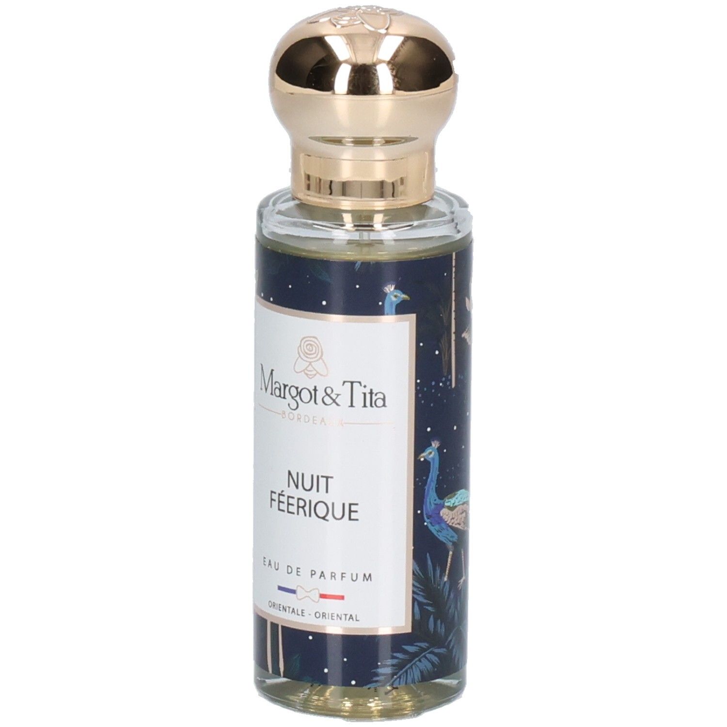 Margot & Tita Nuit Féérique Eau de Parfum Flakon mit Pfauenmotiv und goldenem Verschluss.