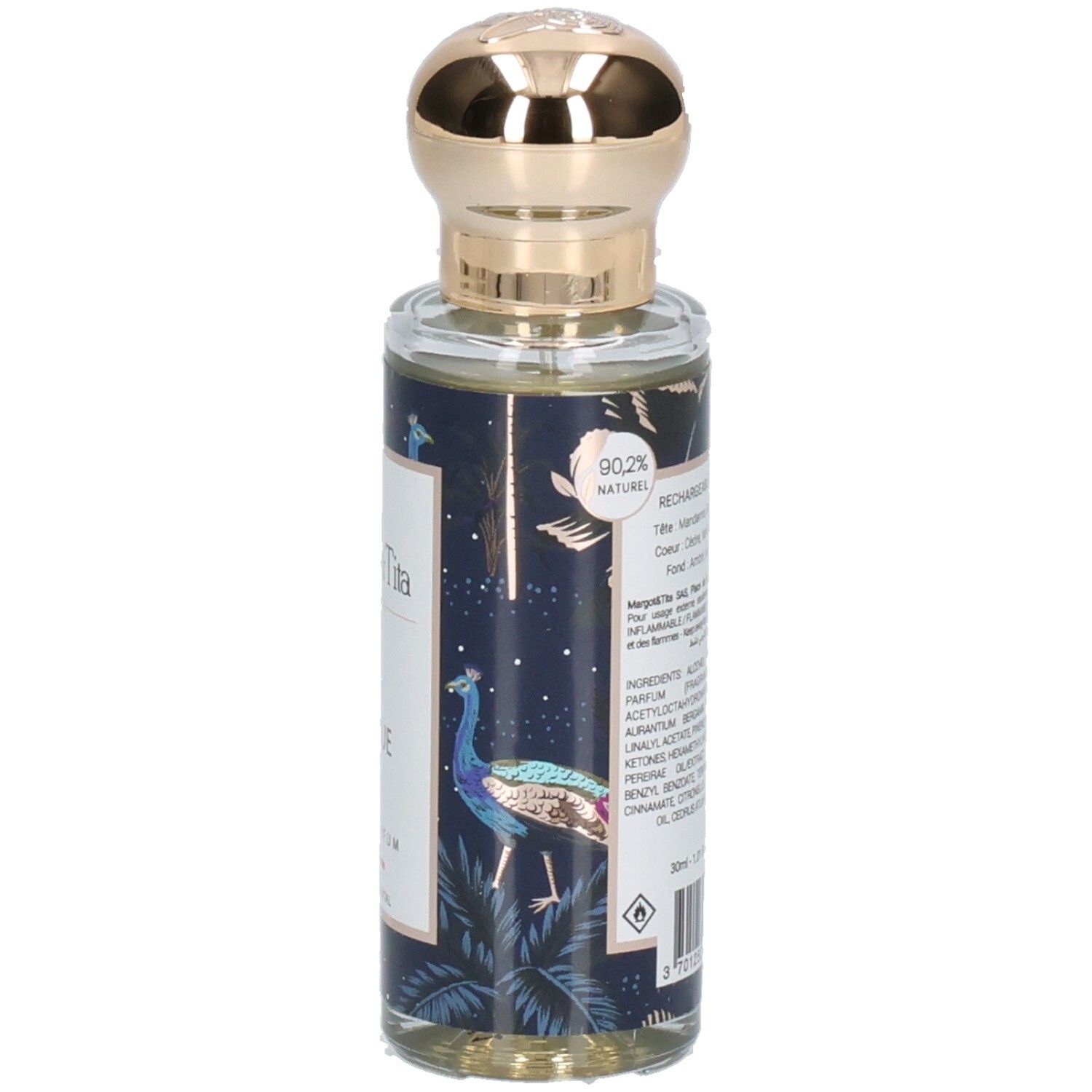 Margot & Tita Nuit Féérique Eau de Parfum Flakon mit Pfauenmotiv, 90,2% natürlicher Inhalt.