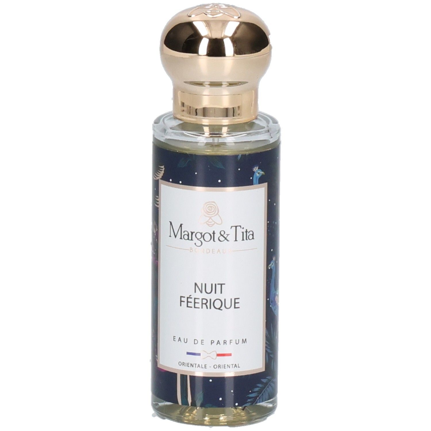 Margot & Tita Nuit Féérique Eau de Parfum Flakon mit Sternen und Pfauenmotiv, goldener Verschluss.