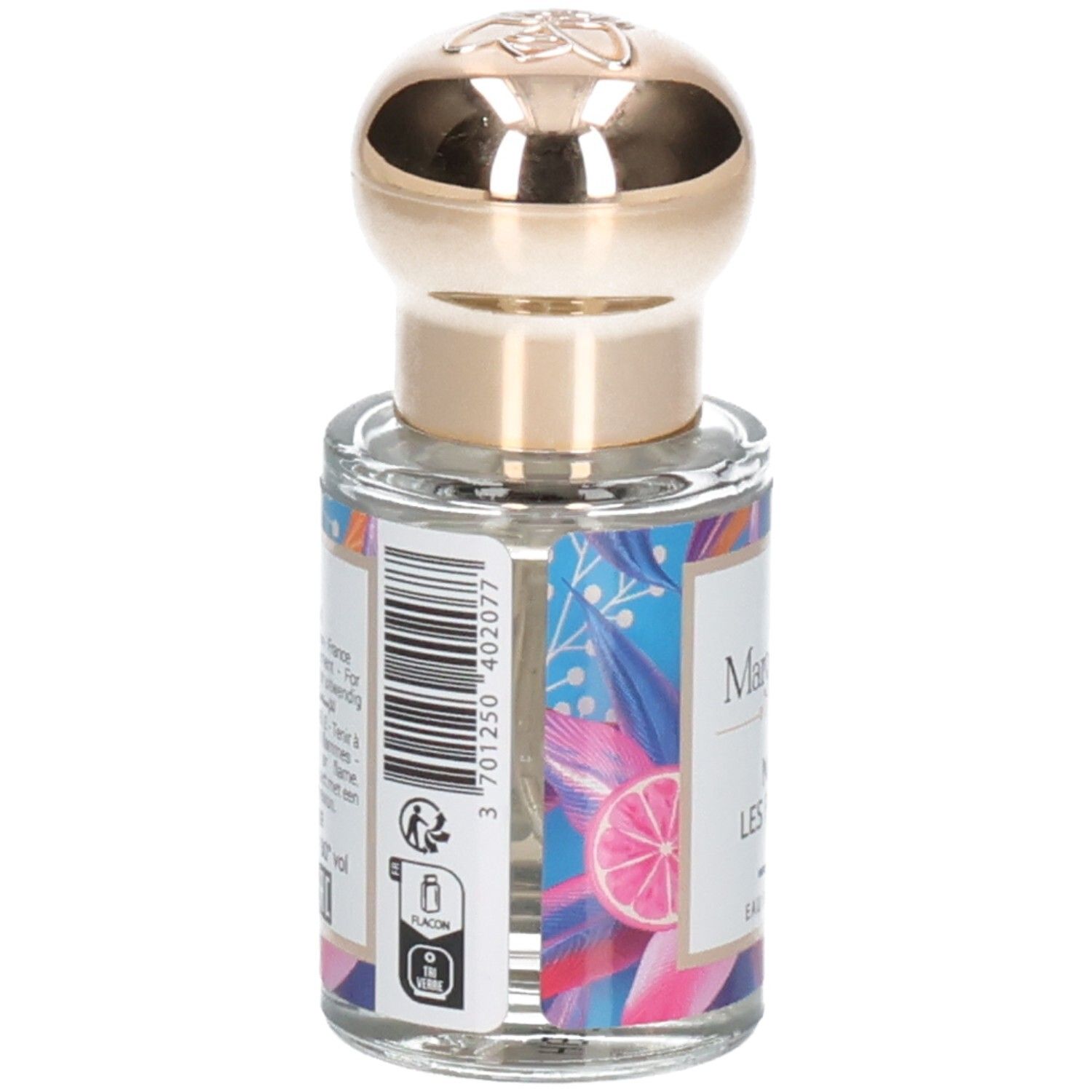 Kleine Glasflasche mit goldenem Verschluss und floralem Etikett mit Zitronenscheibe.