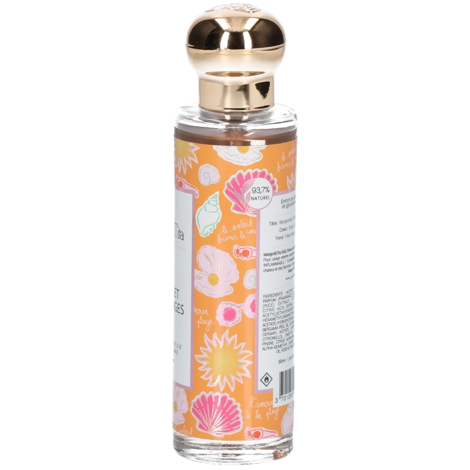 Vue latérale du parfum pour cheveux. Flacon de verre avec bouchon doré et étiquette orange.