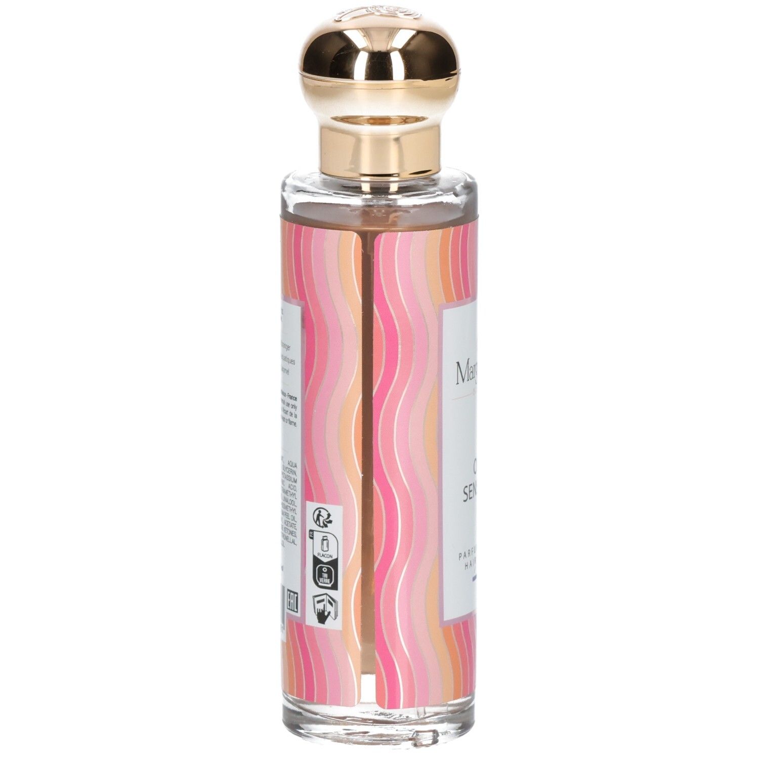 Parfümflasche mit goldfarbenem Verschluss. Aufschrift: Onde Sensuelle. Marke: Margot & Tita. Rückseite mit Text.