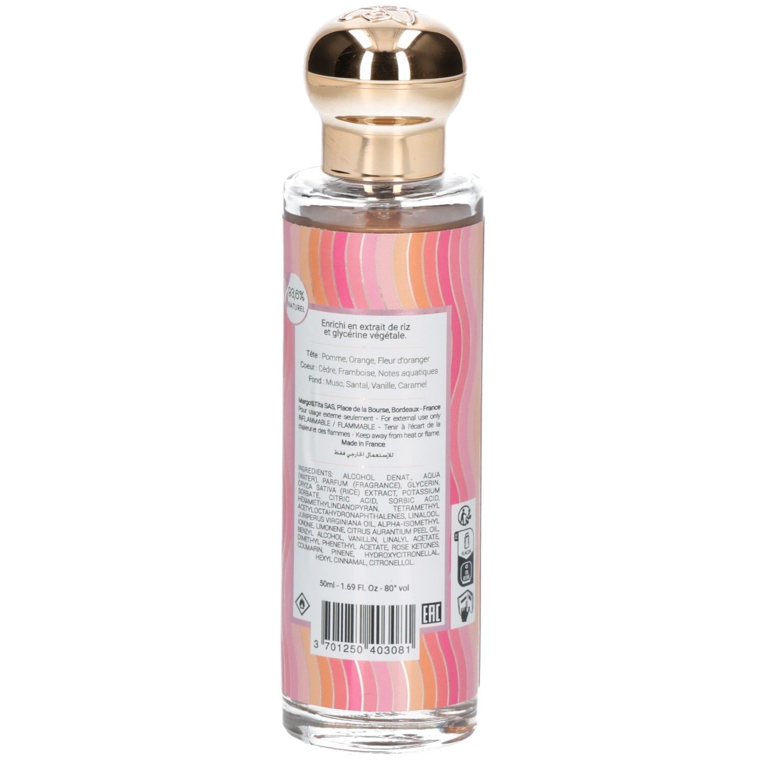 Parfümflasche mit goldfarbenem Verschluss. Rückseite mit Text und Inhaltsstoffen. Marke: Margot & Tita.
