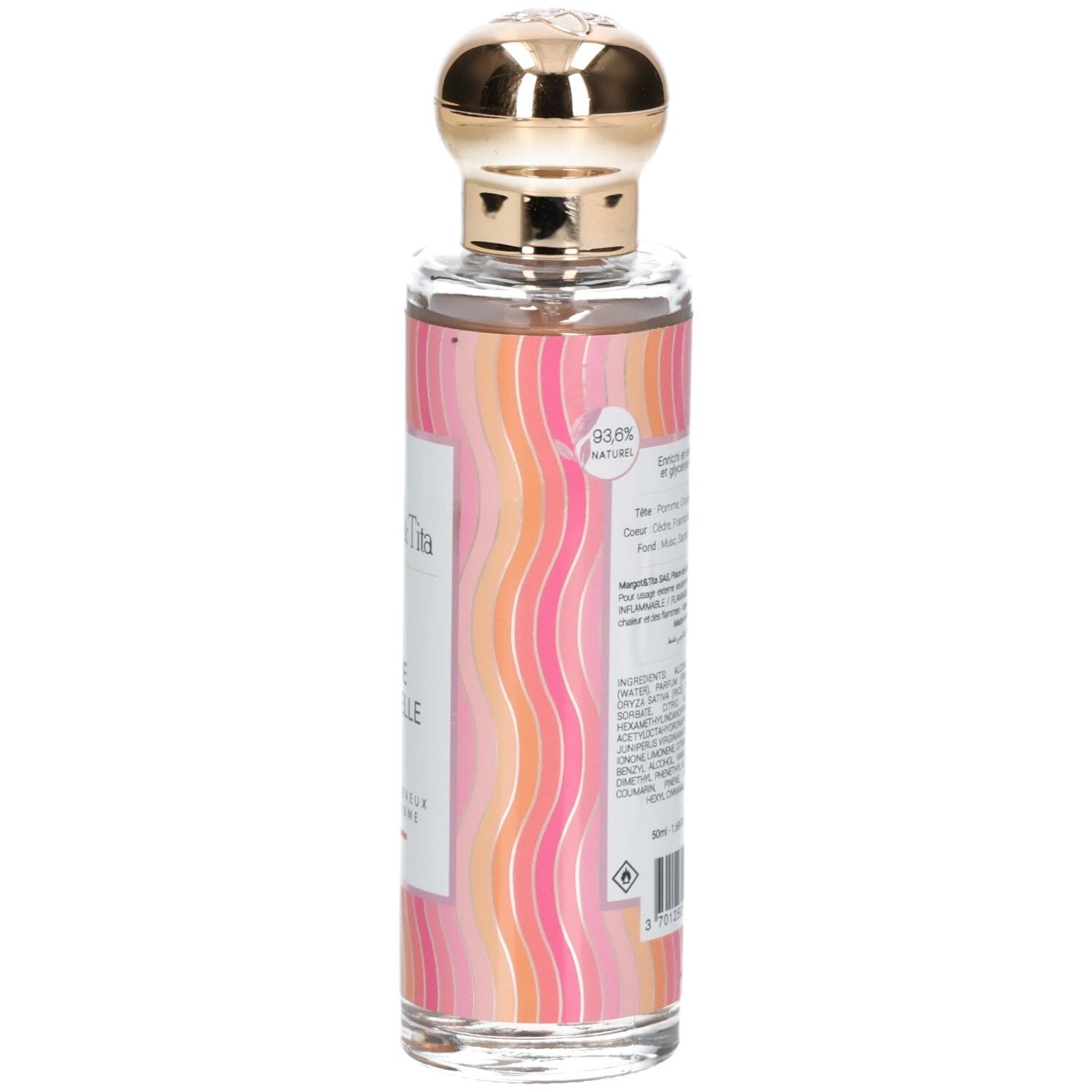 Parfümflasche mit goldfarbenem Verschluss. Aufschrift: Onde Sensuelle. Marke: Margot & Tita. 93,8% natürlich.