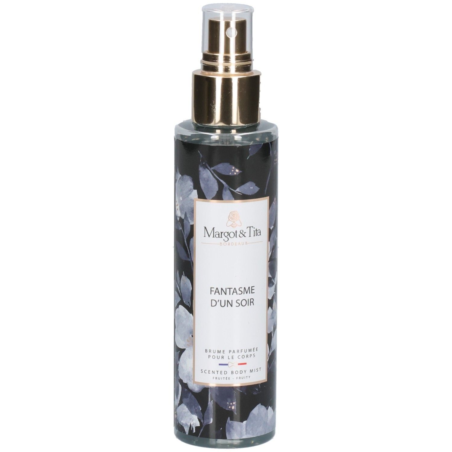 Margot & Tita Fantasme Un Soir Bodyspray, 200ml. Transparente Flasche mit floralem Muster und goldenem Sprühkopf.