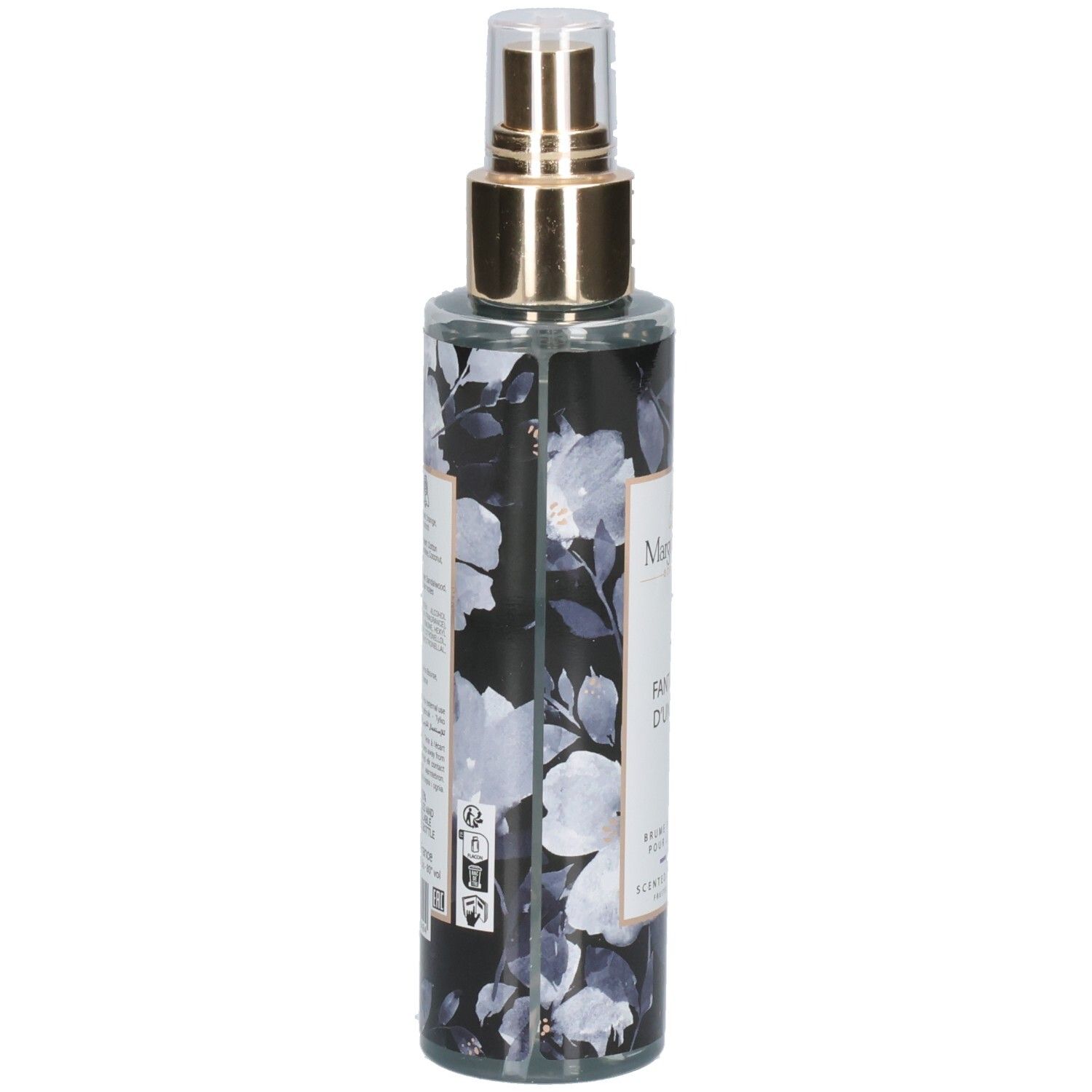 Seitenansicht des Margot & Tita Fantasme Un Soir Bodysprays. Transparente Flasche mit floralem Muster und goldenem Sprühkopf.