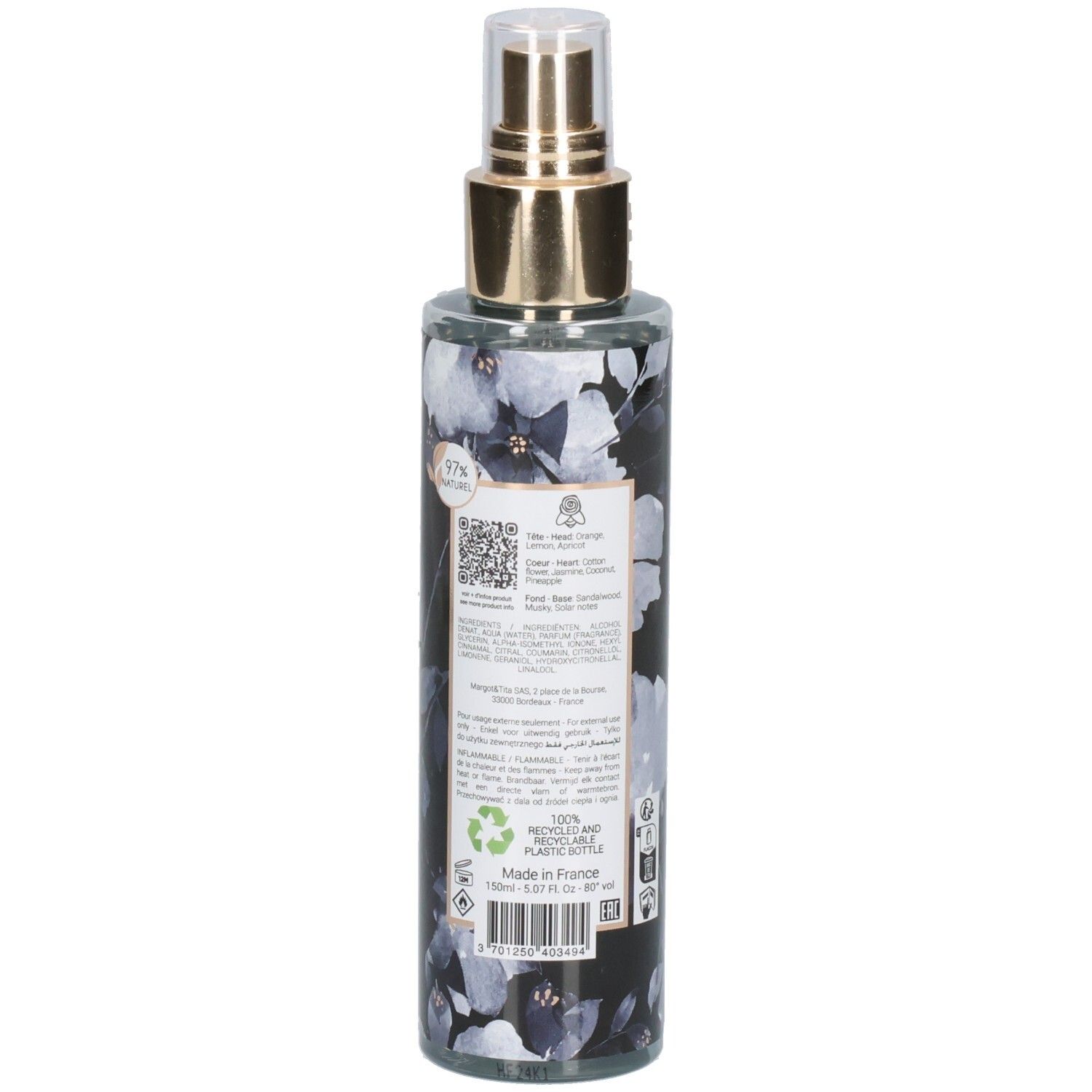 Rückseite des Margot & Tita Fantasme Un Soir Bodysprays. Enthält Informationen zur Zusammensetzung und Herkunft.