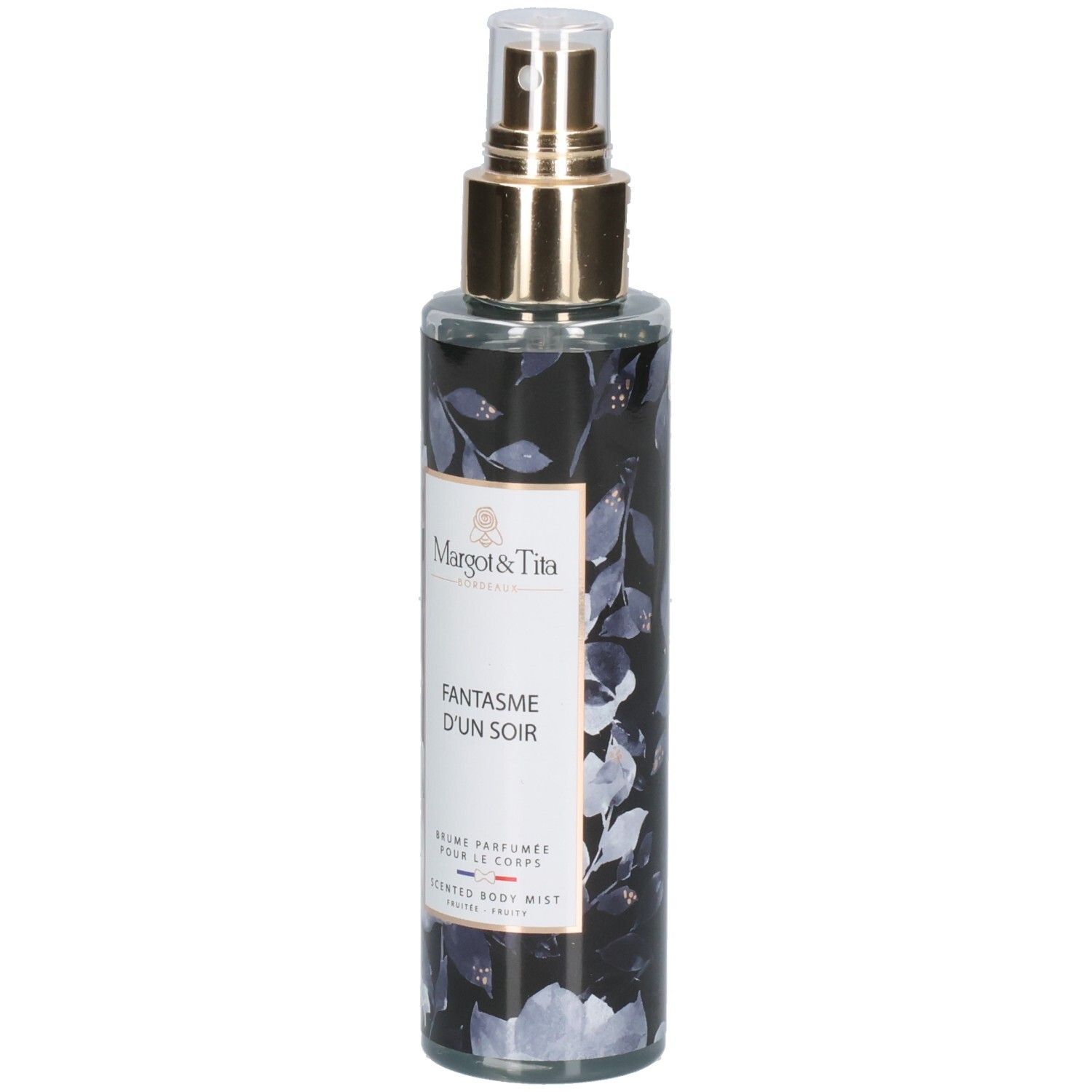 Margot & Tita Fantasme Un Soir Bodyspray, 200ml. Transparente Flasche mit floralem Muster und goldenem Sprühkopf.