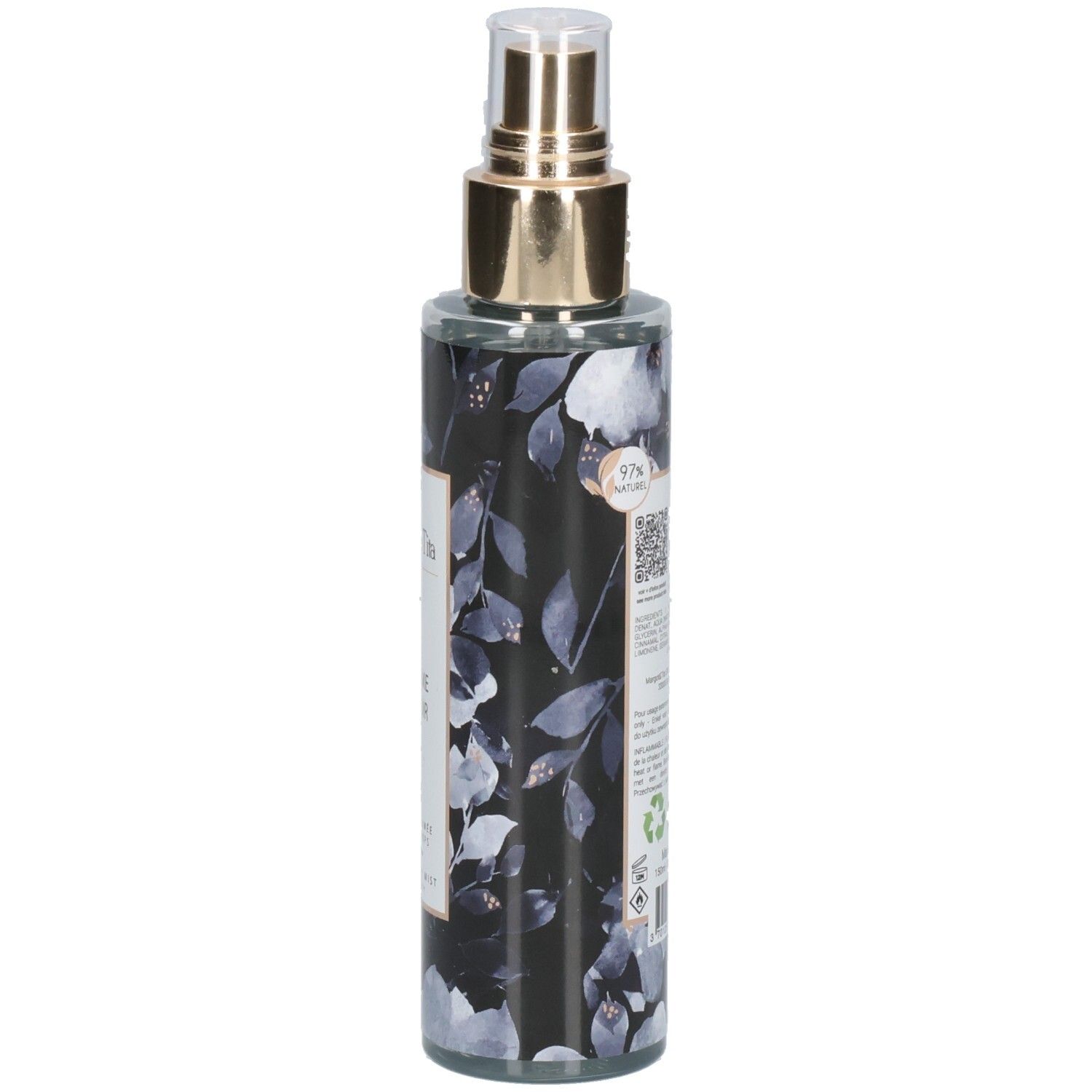 Seitenansicht des Margot & Tita Fantasme Un Soir Bodysprays. Transparente Flasche mit floralem Muster und goldenem Sprühkopf.