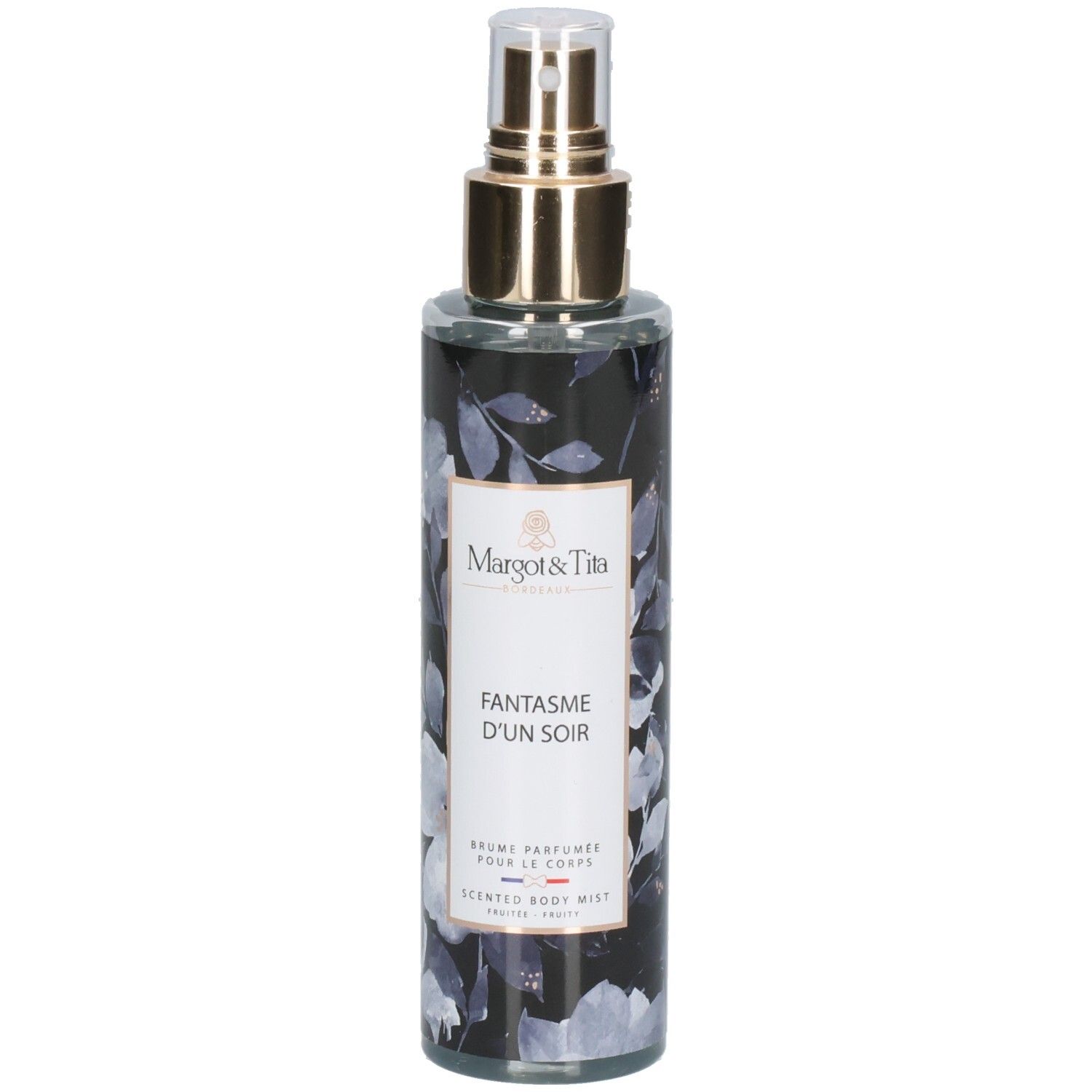 Margot & Tita Fantasme Un Soir Bodyspray, 200ml. Transparente Flasche mit floralem Muster und goldenem Sprühkopf.