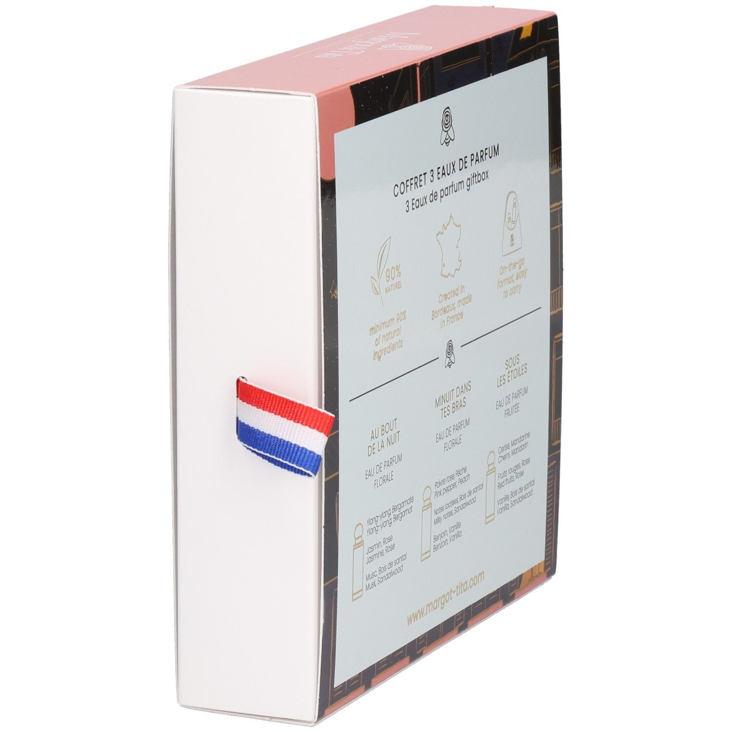 Margot & Tita Geschenkbox, Seite mit französischer Flagge und Produktinformationen.