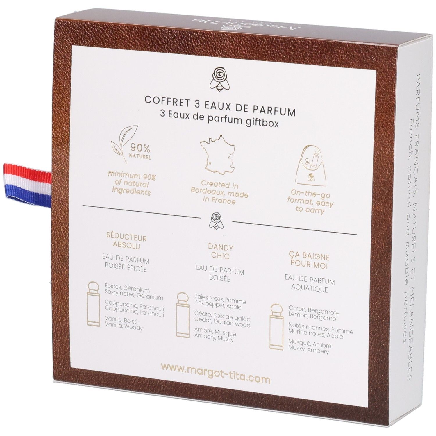 Rückseite der Geschenkbox mit Informationen. Text und Illustrationen. Französische Flagge als Band.
