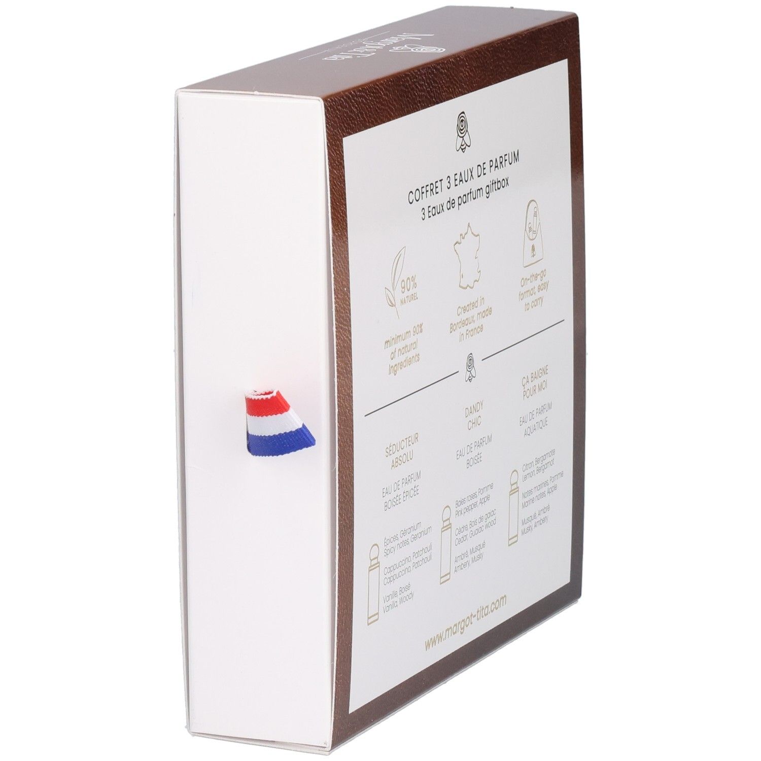 Rückseite der Geschenkbox mit Informationen. Text und Illustrationen. Französische Flagge als Band.