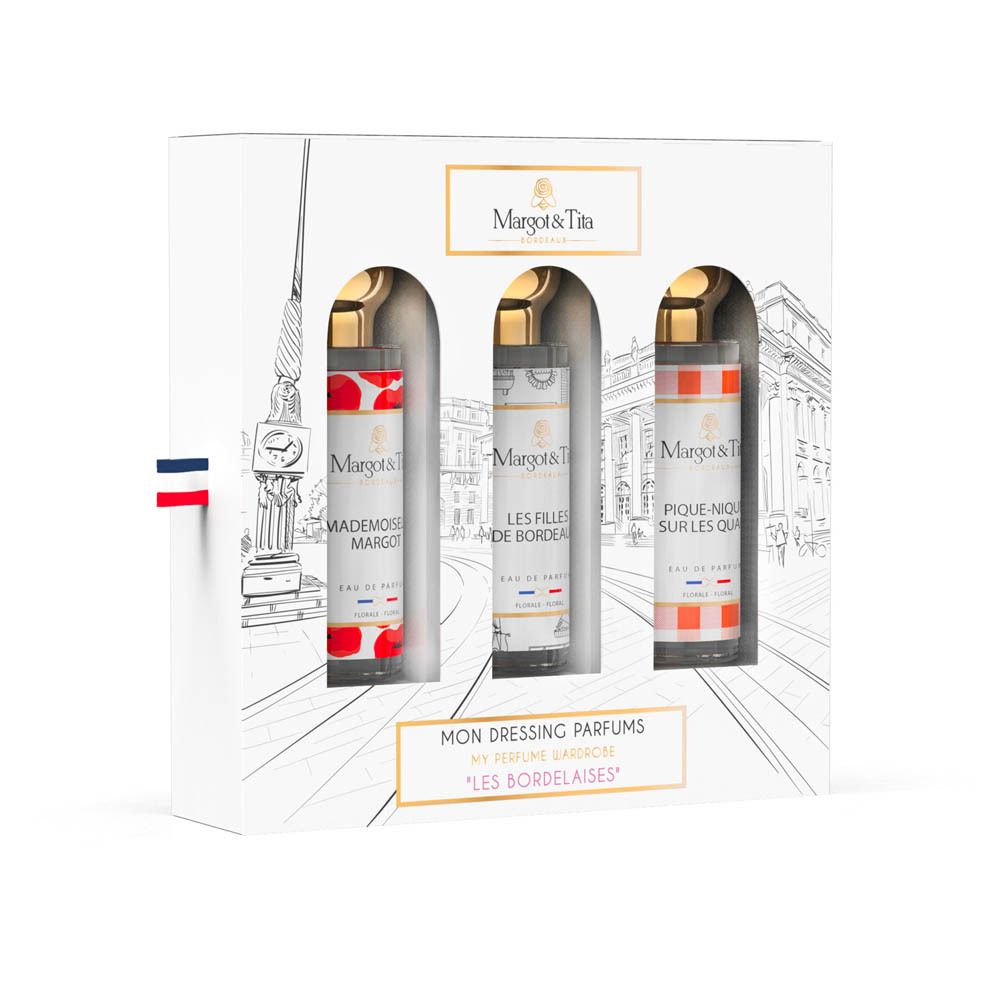 Coffret Margot & Tita avec trois flacons de parfum : Mademoiselle Margot, Les Filles de Bordeaux, Pique-Nique sur les Quais.