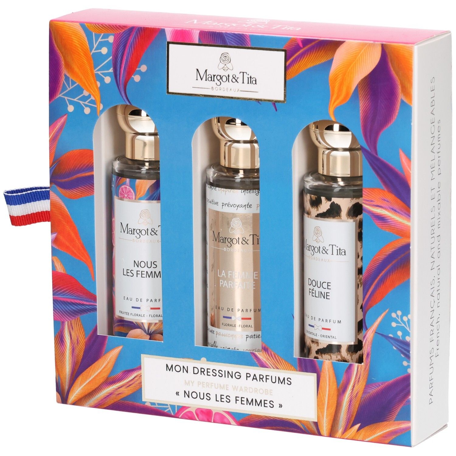 Coffret cadeau Margot & Tita avec trois flacons de parfum : Nous Les Femmes, La Femme Parfaite, Douce Féline.
