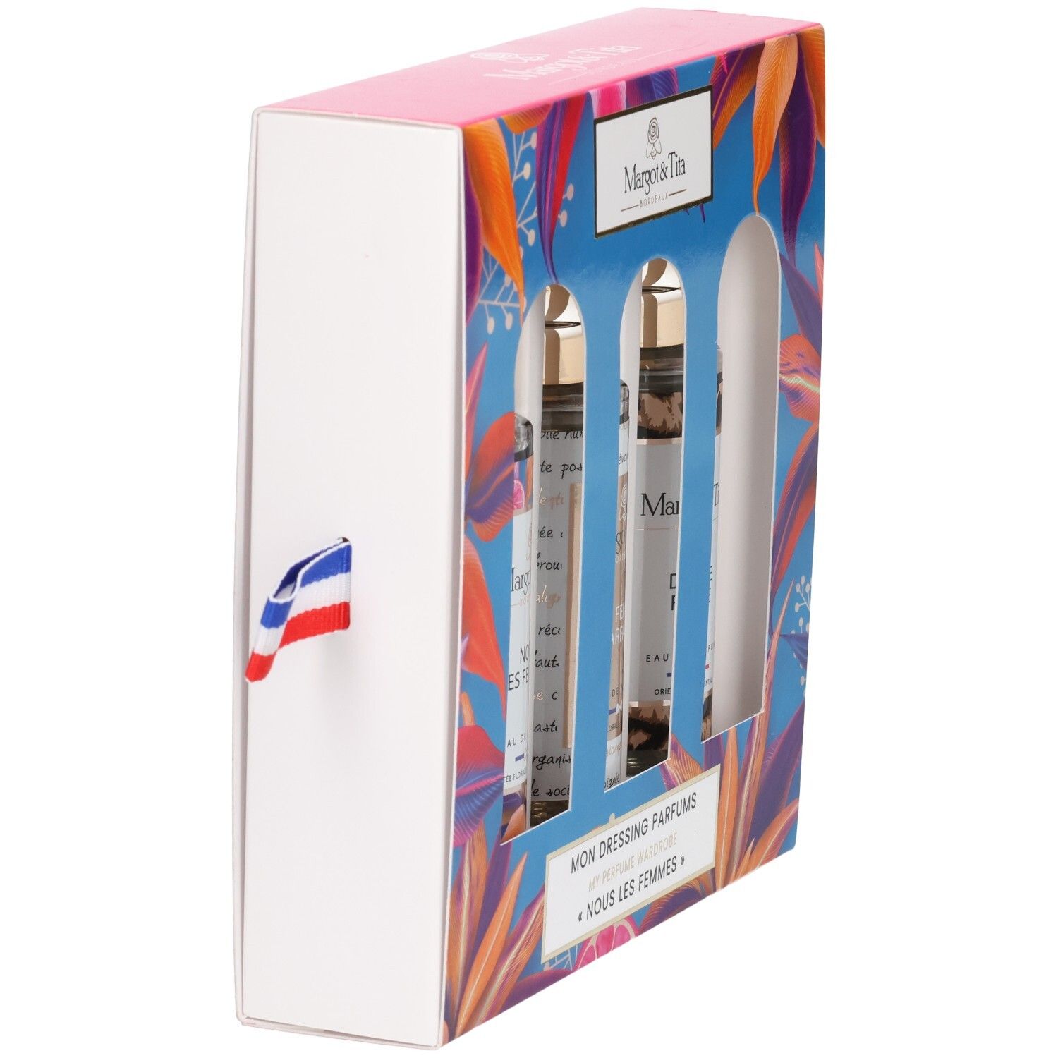 Coffret cadeau Margot & Tita avec trois flacons de parfum, vue de côté.