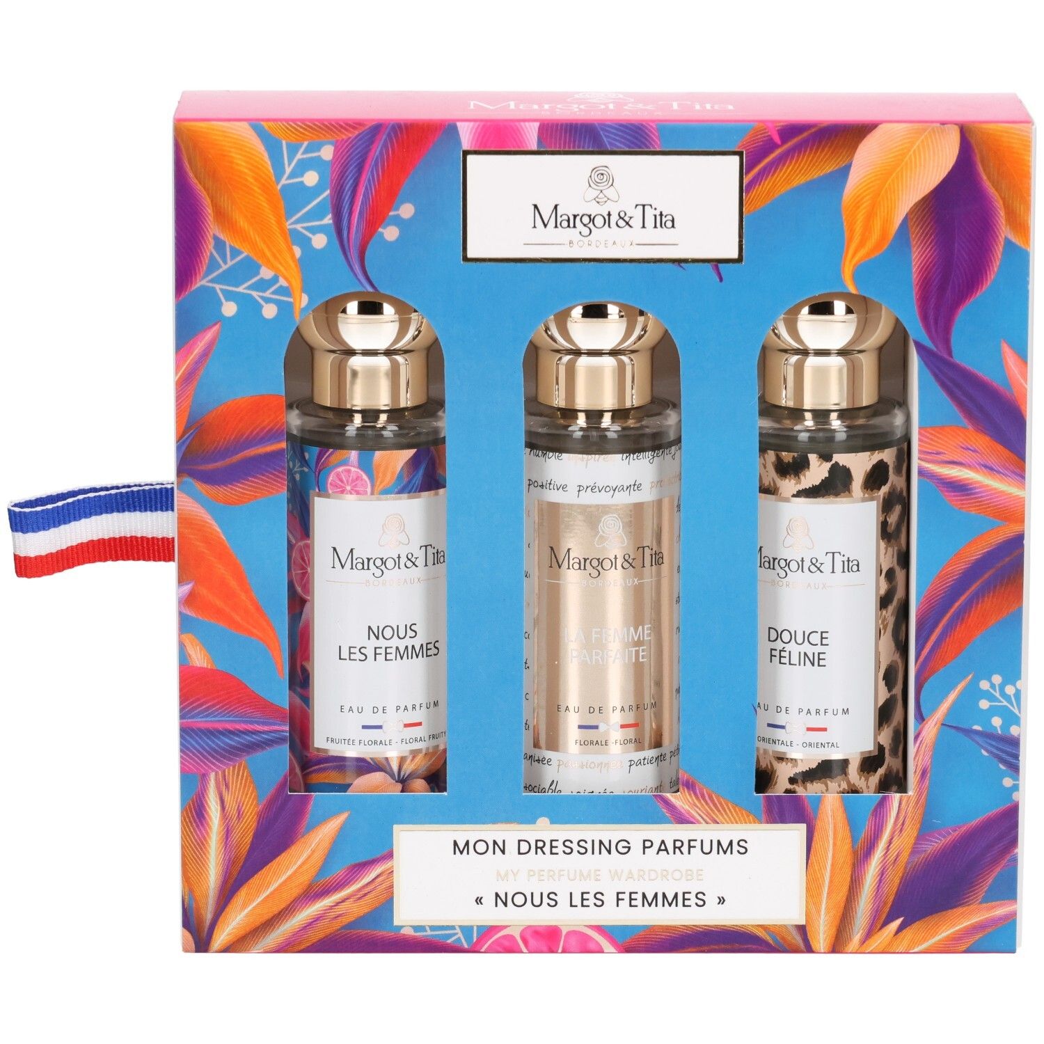 Coffret cadeau Margot & Tita avec trois flacons de parfum : Nous Les Femmes, La Femme Parfaite, Douce Féline.