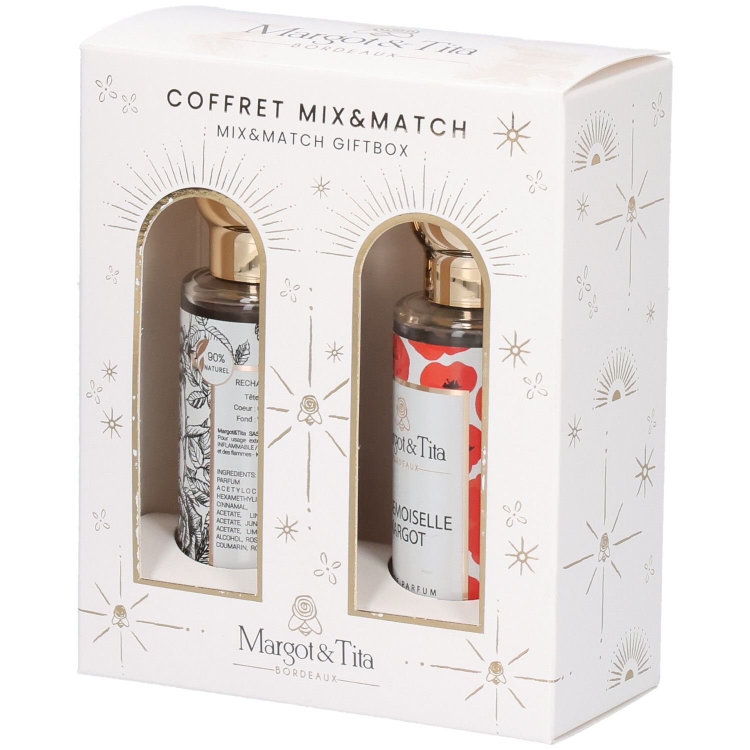 Margot & Tita Mix&Match Geschenkbox mit zwei Parfümflaschen, eine mit botanischem Muster, die andere mit Mohnblumen.