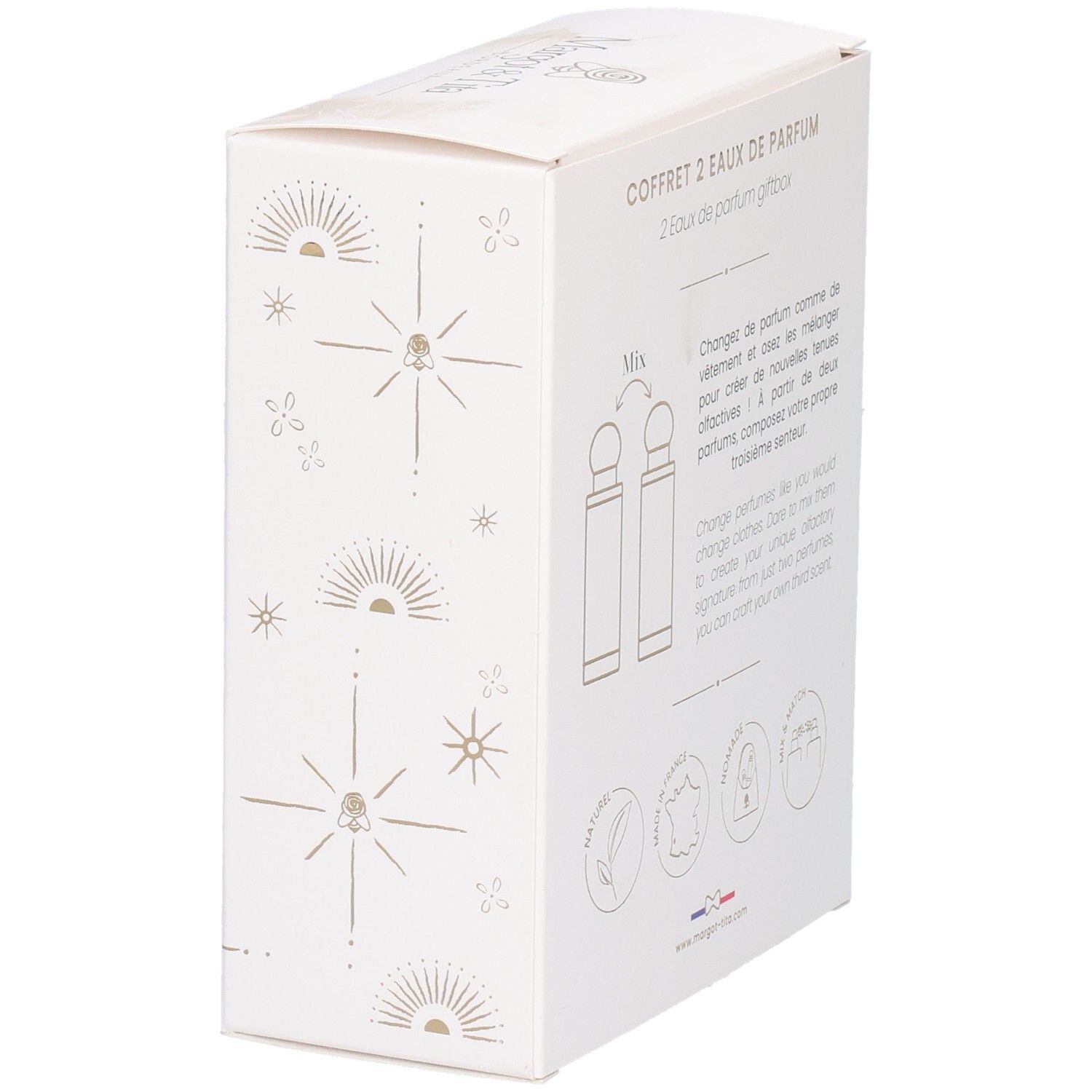 Seitenansicht der Geschenkbox mit Hinweisen zum Mischen von Düften und Produktinformationen.