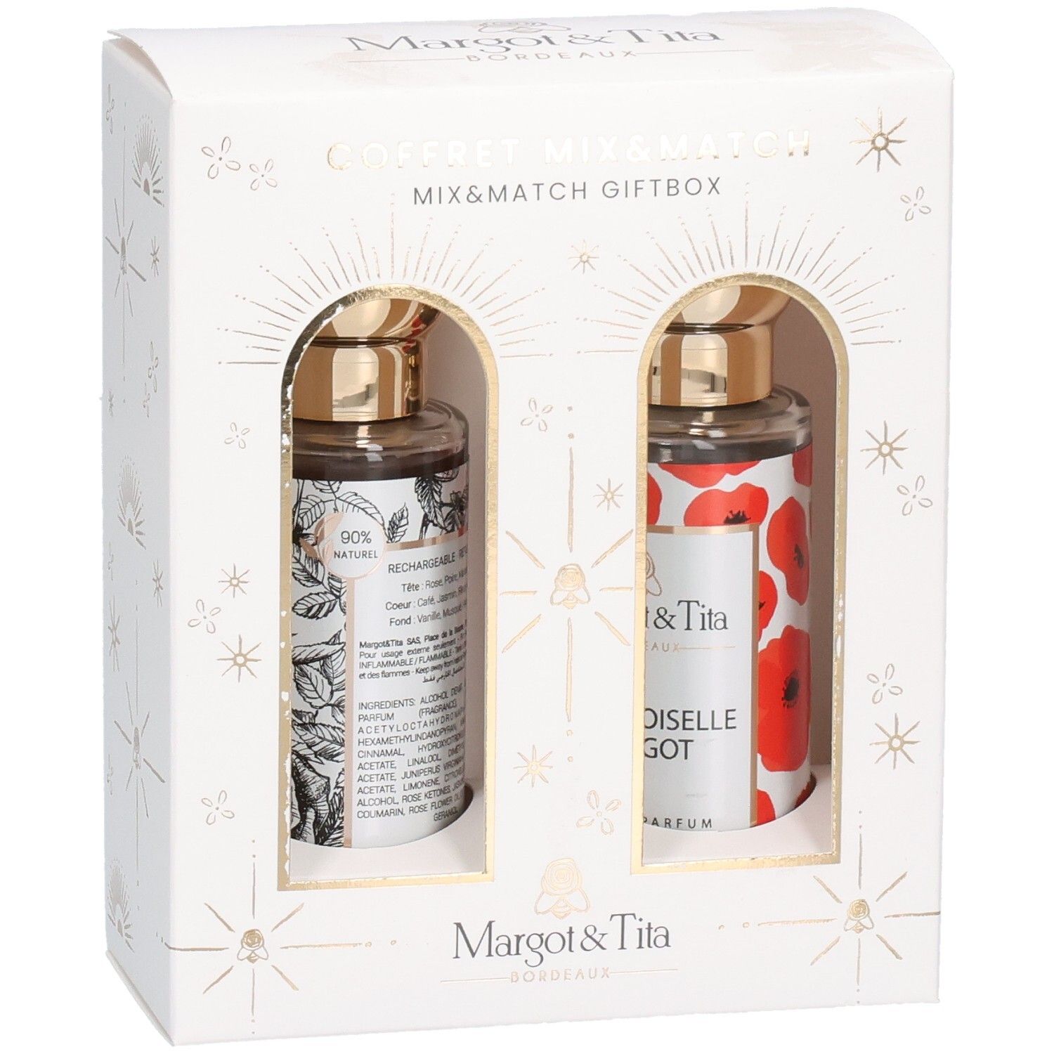 Margot & Tita Mix&Match Geschenkbox mit zwei Parfümflaschen, eine mit botanischem Muster, die andere mit Mohnblumen.