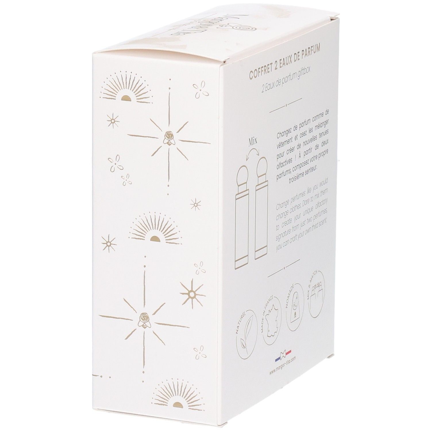 Seitenansicht der Margot & Tita Mix & Match Geschenkbox mit zwei Parfümflaschen.