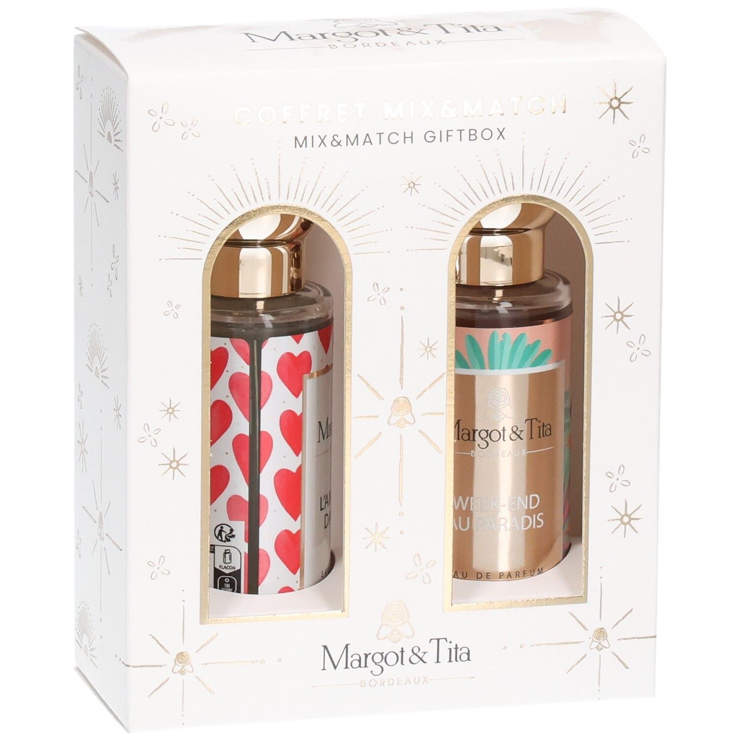Margot & Tita Mix & Match Geschenkbox mit zwei Parfümflaschen, eine mit roten Herzen, die andere mit Palmenblattmuster.