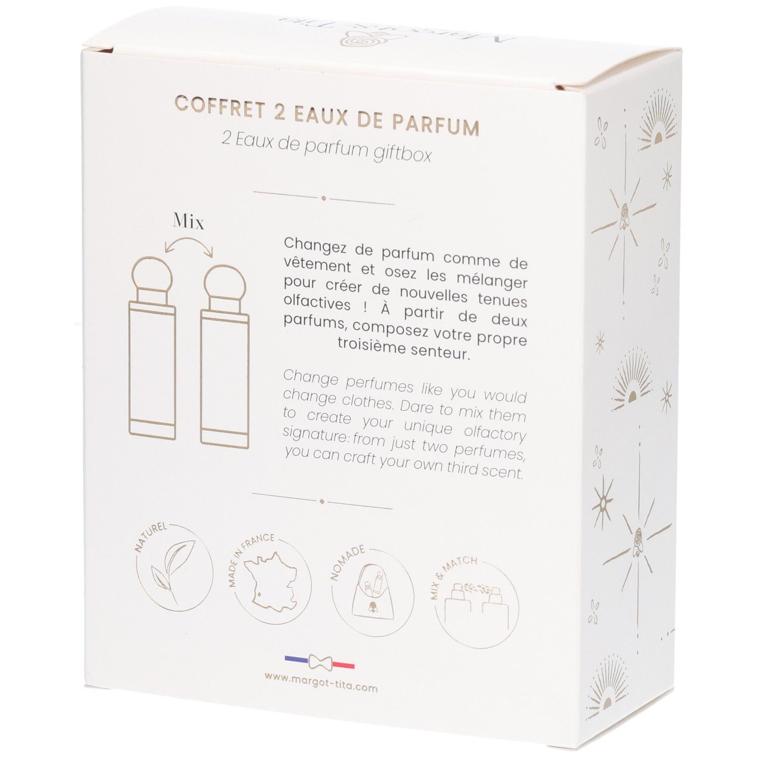 Rückseite der Margot&Tita Mix&Match Geschenkbox mit Erläuterungen zur Duftkombination und Siegeln.