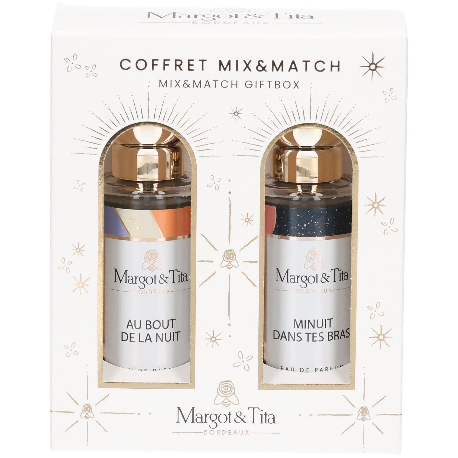 Margot&Tita Mix&Match Geschenkbox mit zwei Eau de Parfum Flakons: 'Au bout de la nuit' und 'Minuit dans tes bras'.