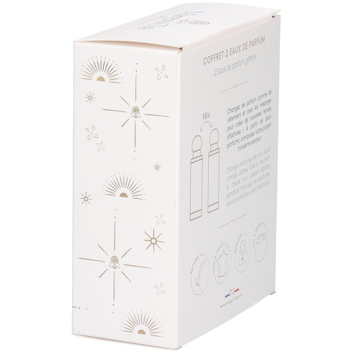 Vue latérale du coffret Mix&Match Margot & Tita avec un flacon d'eau de parfum.
