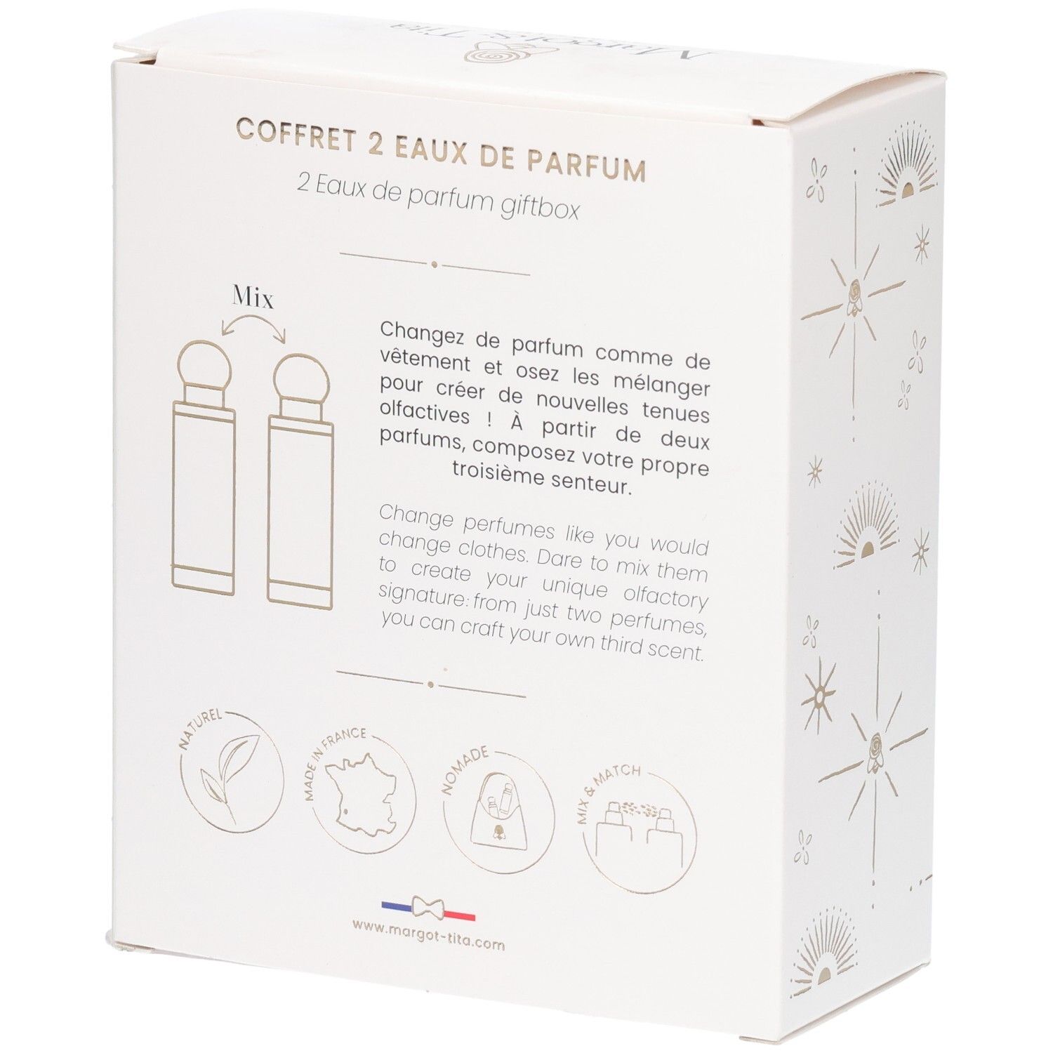 Arrière du coffret Mix&Match Margot&Tita expliquant la combinaison des parfums.