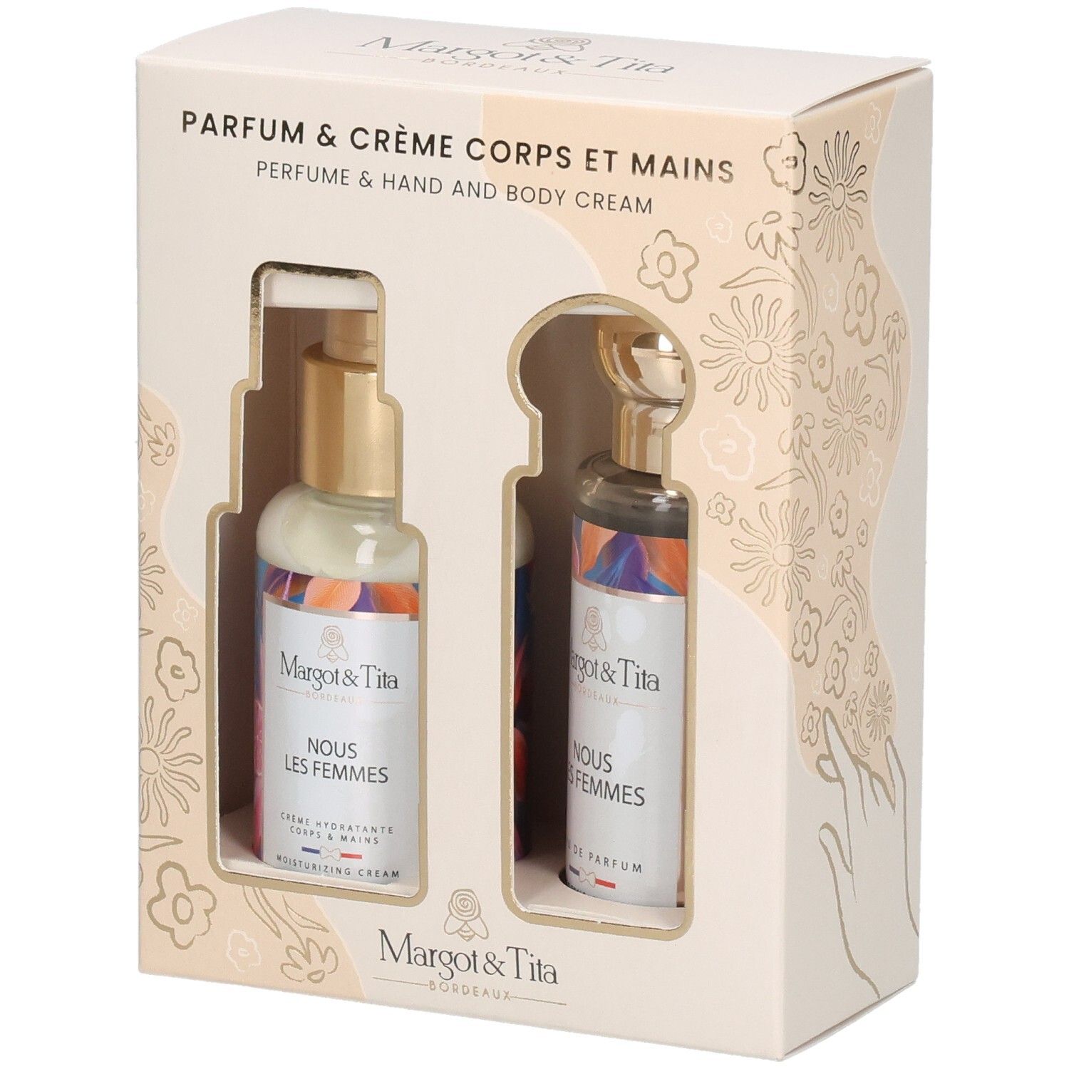 Geschenkbox mit zwei Flaschen. Eine Creme und ein Parfum. Aufschrift: Margot & Tita, Nous les Femmes. Beige Verpackung.