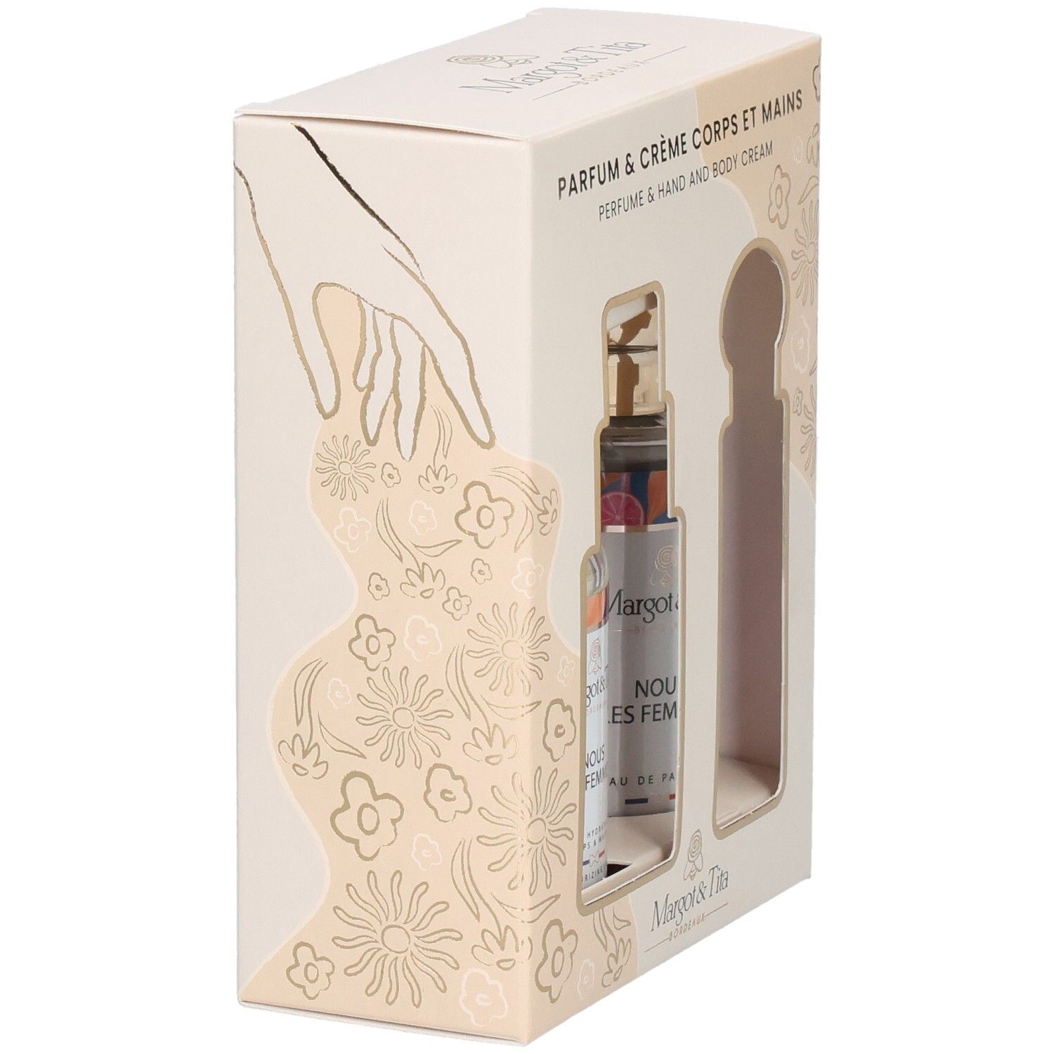 Beige Geschenkbox mit Creme und Parfum. Aufschrift: Margot & Tita, Nous les Femmes. Seitenansicht mit floralem Muster.