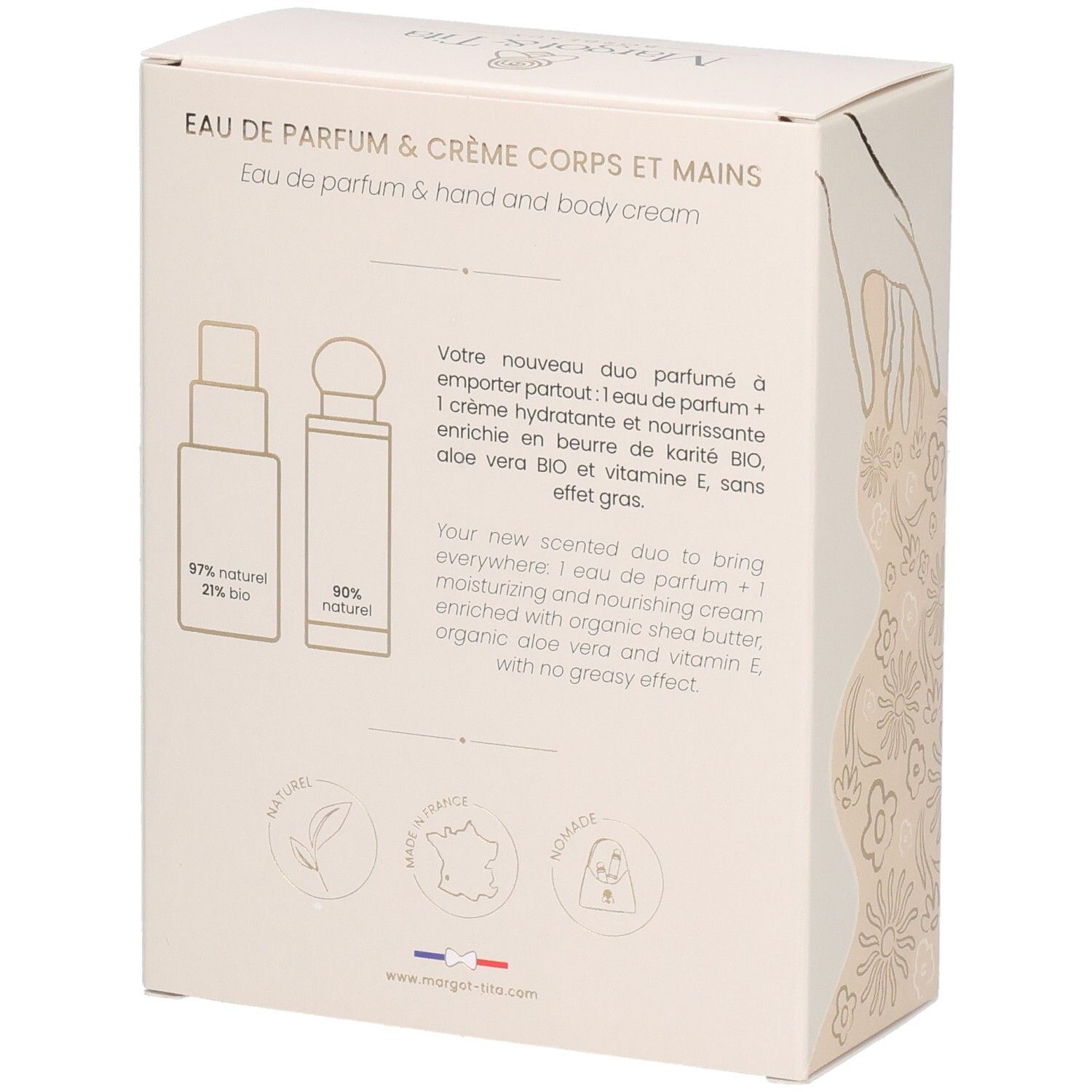 Rückseite der Geschenkbox. Text: Eau de Parfum & Crème Corps et Mains. Inhaltsangaben und Logos. Beige Hintergrund.