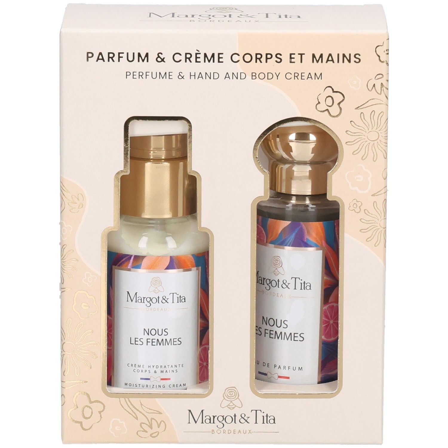 Geschenkbox mit Creme und Parfum. Aufschrift: Margot & Tita, Nous les Femmes. Beige Verpackung mit floralem Muster.