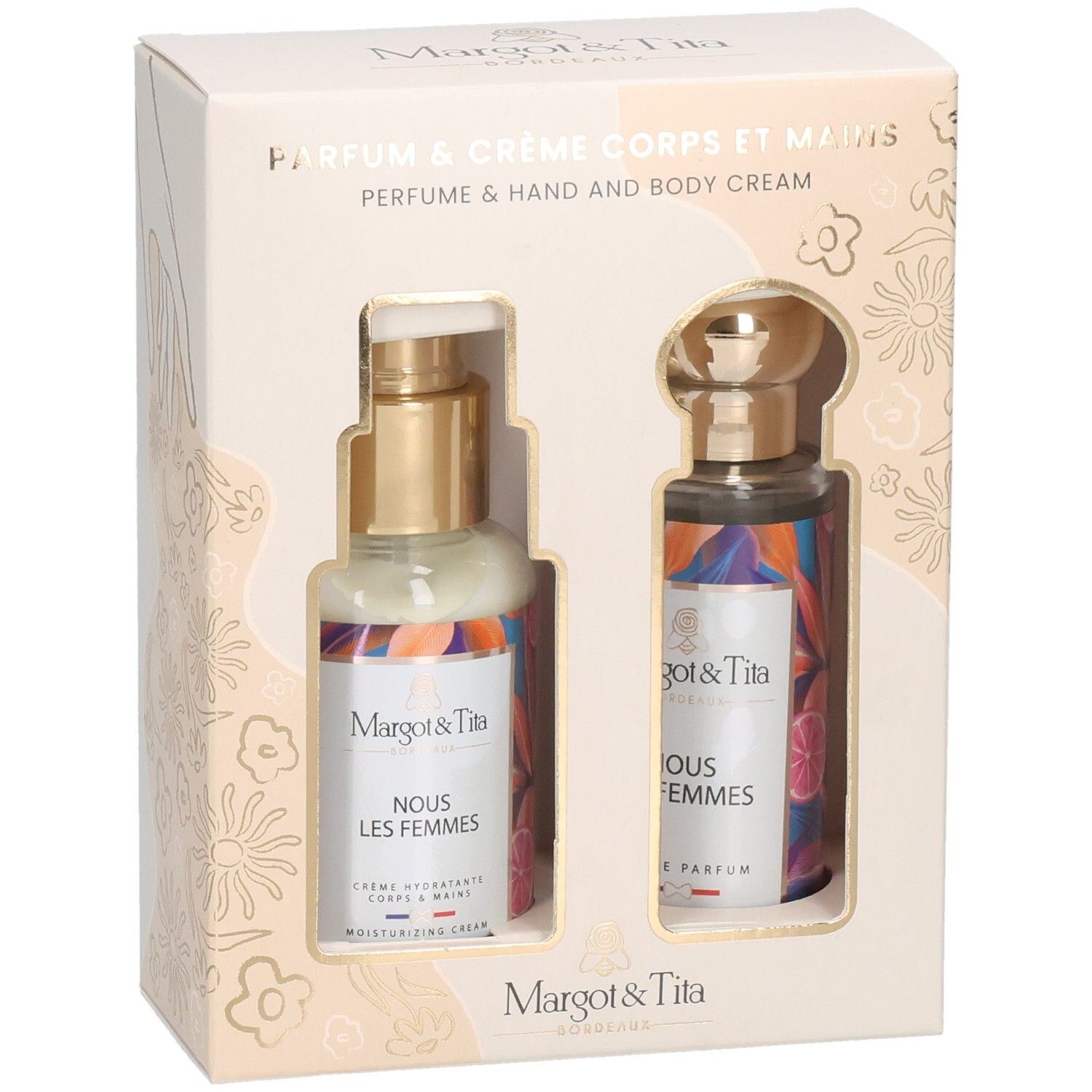 Geschenkbox mit Creme und Parfum. Aufschrift: Margot & Tita, Nous les Femmes. Beige Verpackung mit floralem Muster.