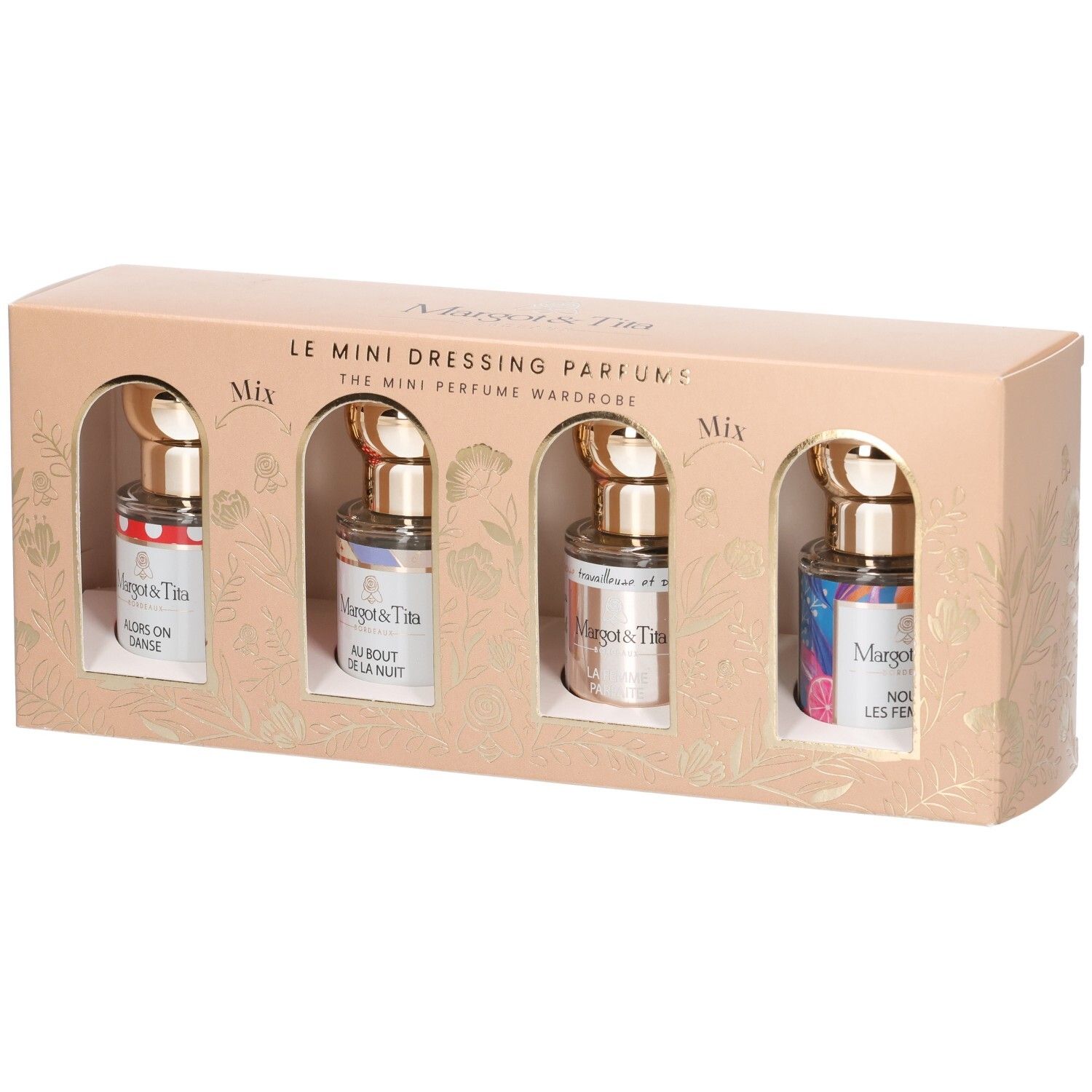 Coffret cadeau avec quatre mini-parfums. Chaque flacon a un bouchon doré et une étiquette colorée. La boîte est beige.