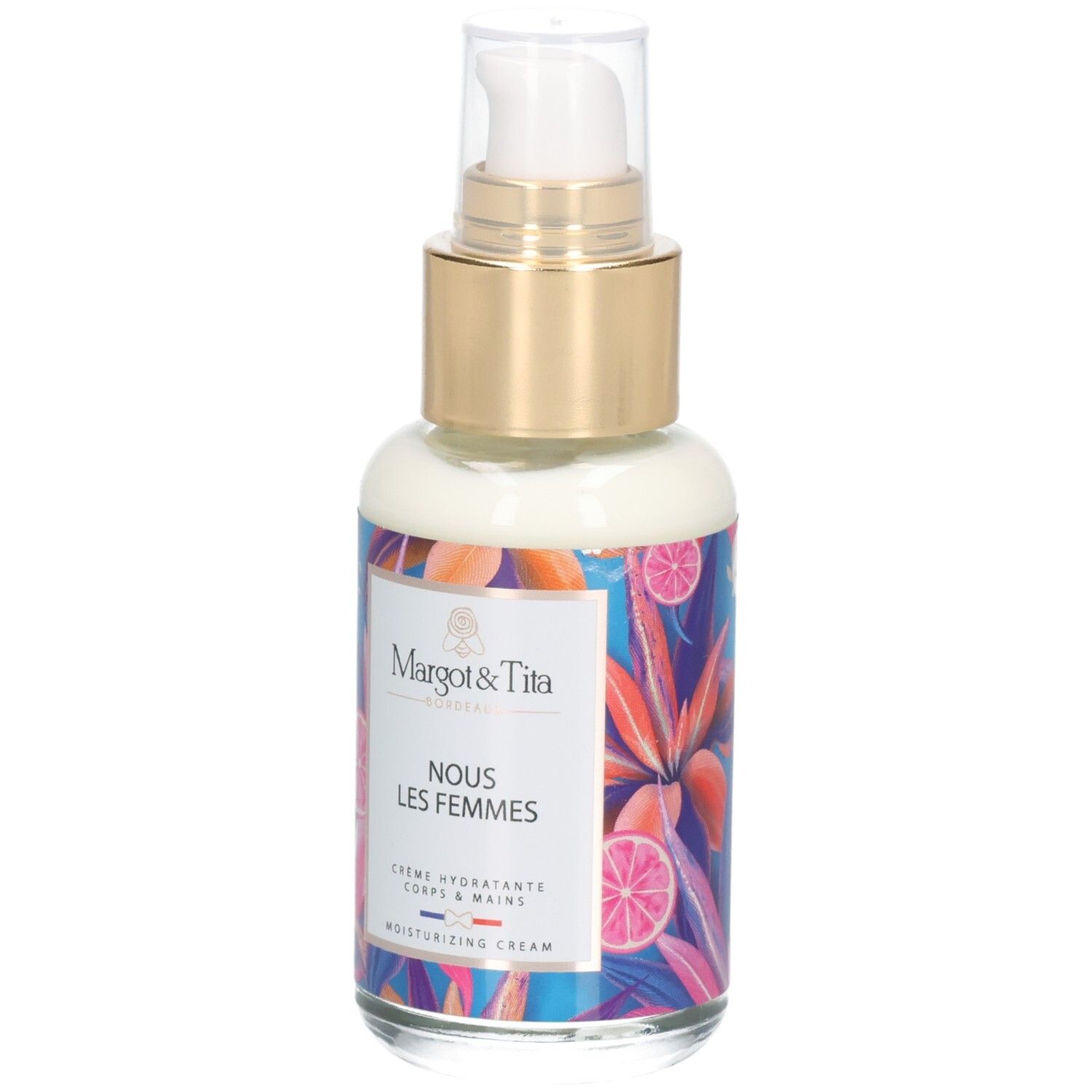 Margot & Tita Handcreme mit Pumpspender und floralem Design.